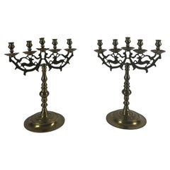 Antique Early 19th-Century Jewish Polish Sabbath Brass Candelabras with Deer Motif