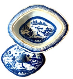 Early 19th Century Large Blue And White Canton Covered Dish