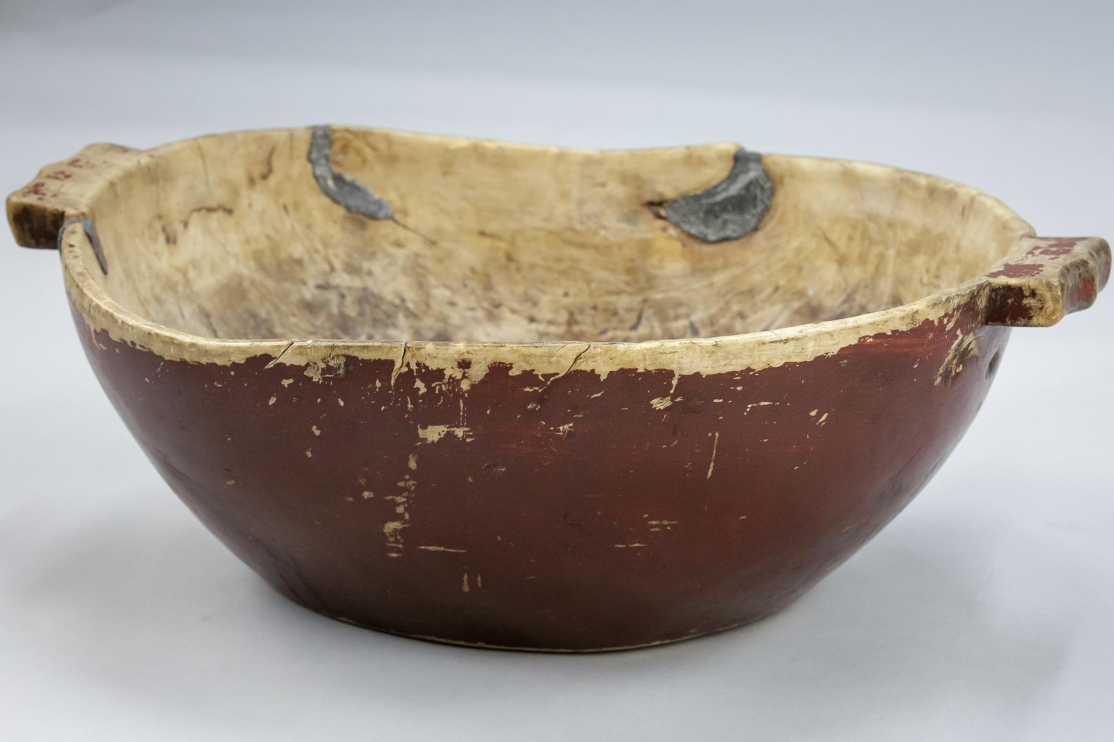 Large early 19th century Swedish root or knot bowl, sign ONS and dated 1811, several historical lead repairs, original painted exterior finish. Sweden, circa 1811.

   