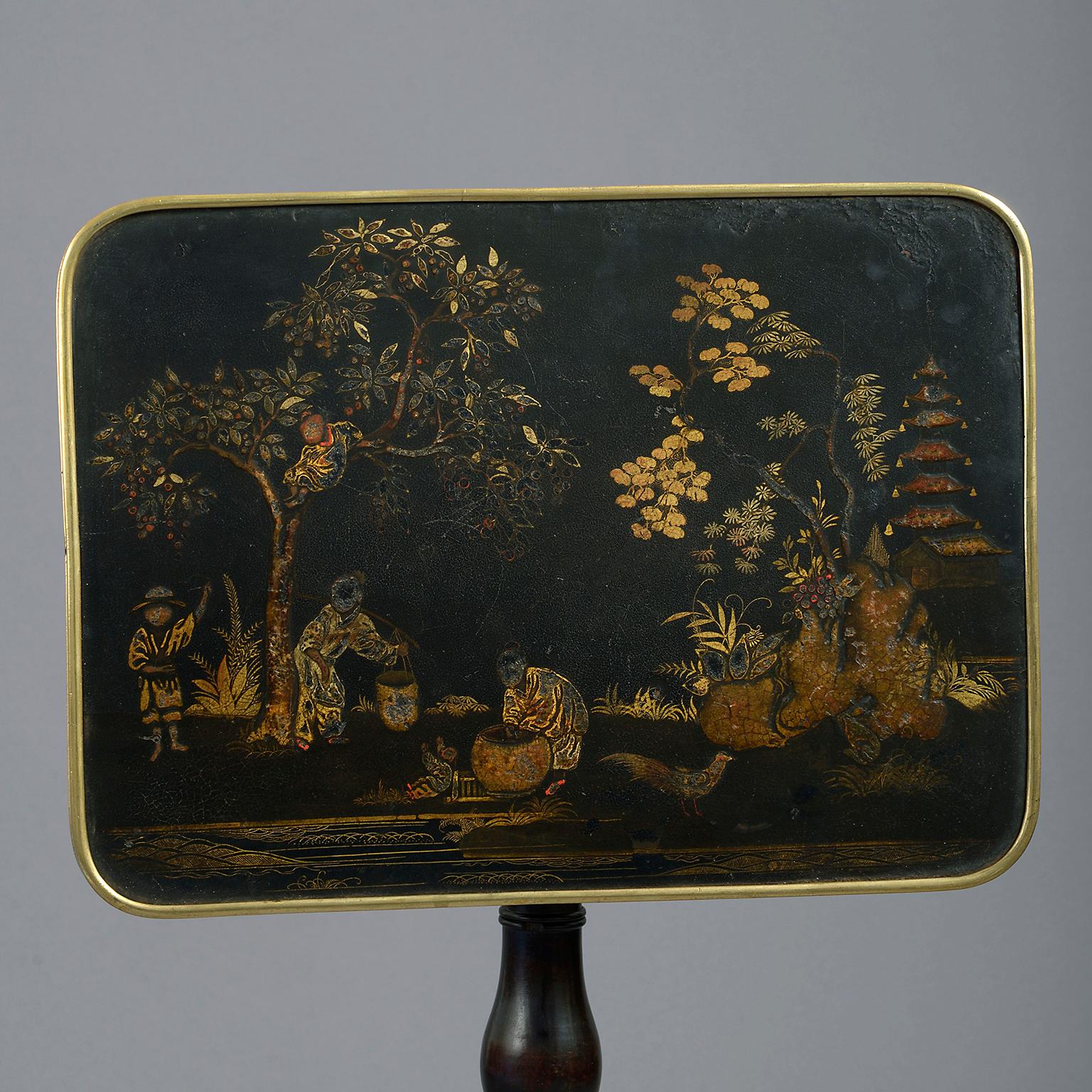 An early 19th century late Georgian unusual chinoiserie and ormolu metamorphic table. The rectangular top edged with ormolu and decorated with chinoiserie scenes and fitted with an adjustable mechanism which converts it from a table to a reading
