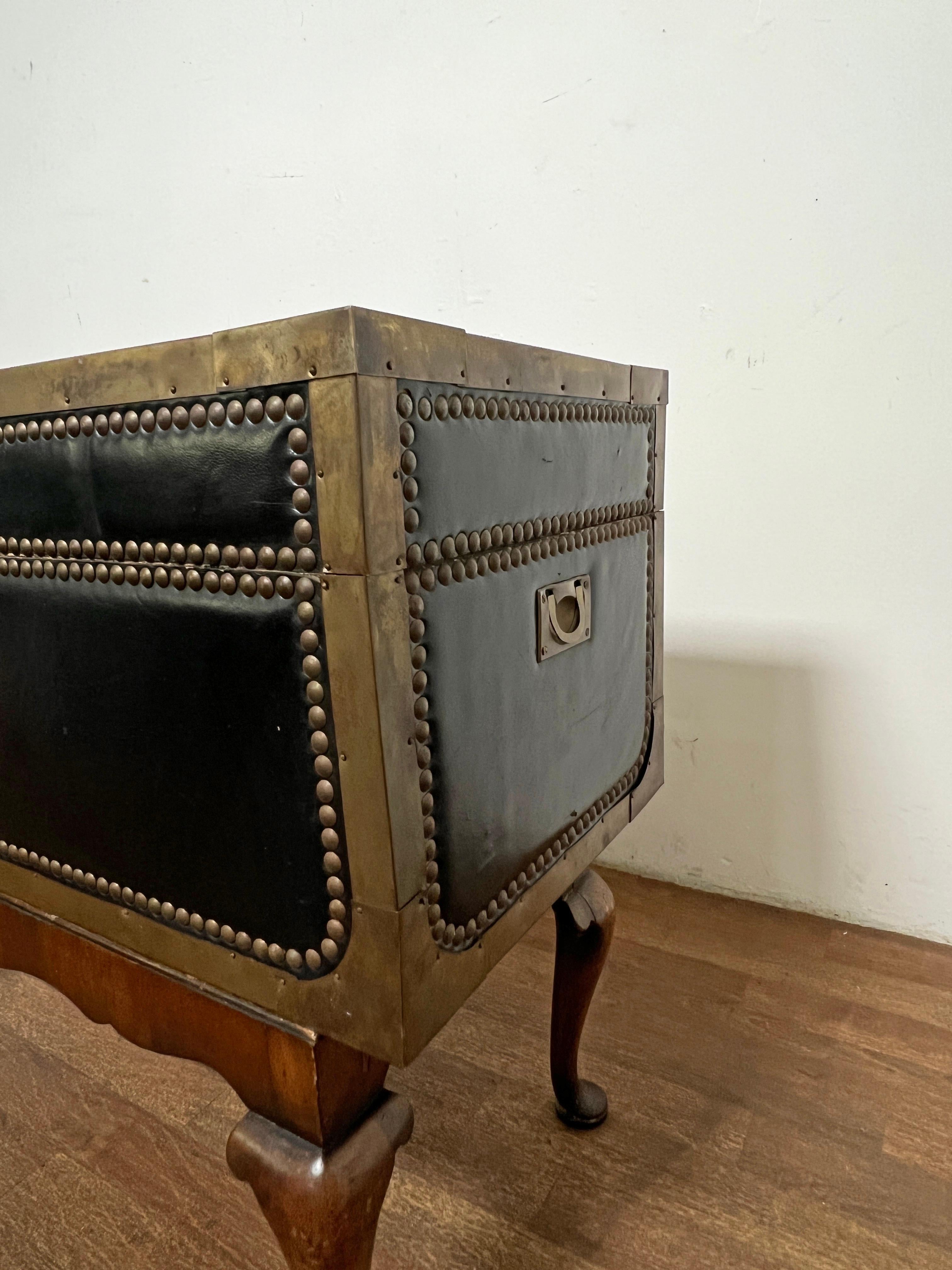 Early 19th Century Leather Clad Camphor Trunk With Nail Head Trim, on Stand In Good Condition For Sale In Peabody, MA