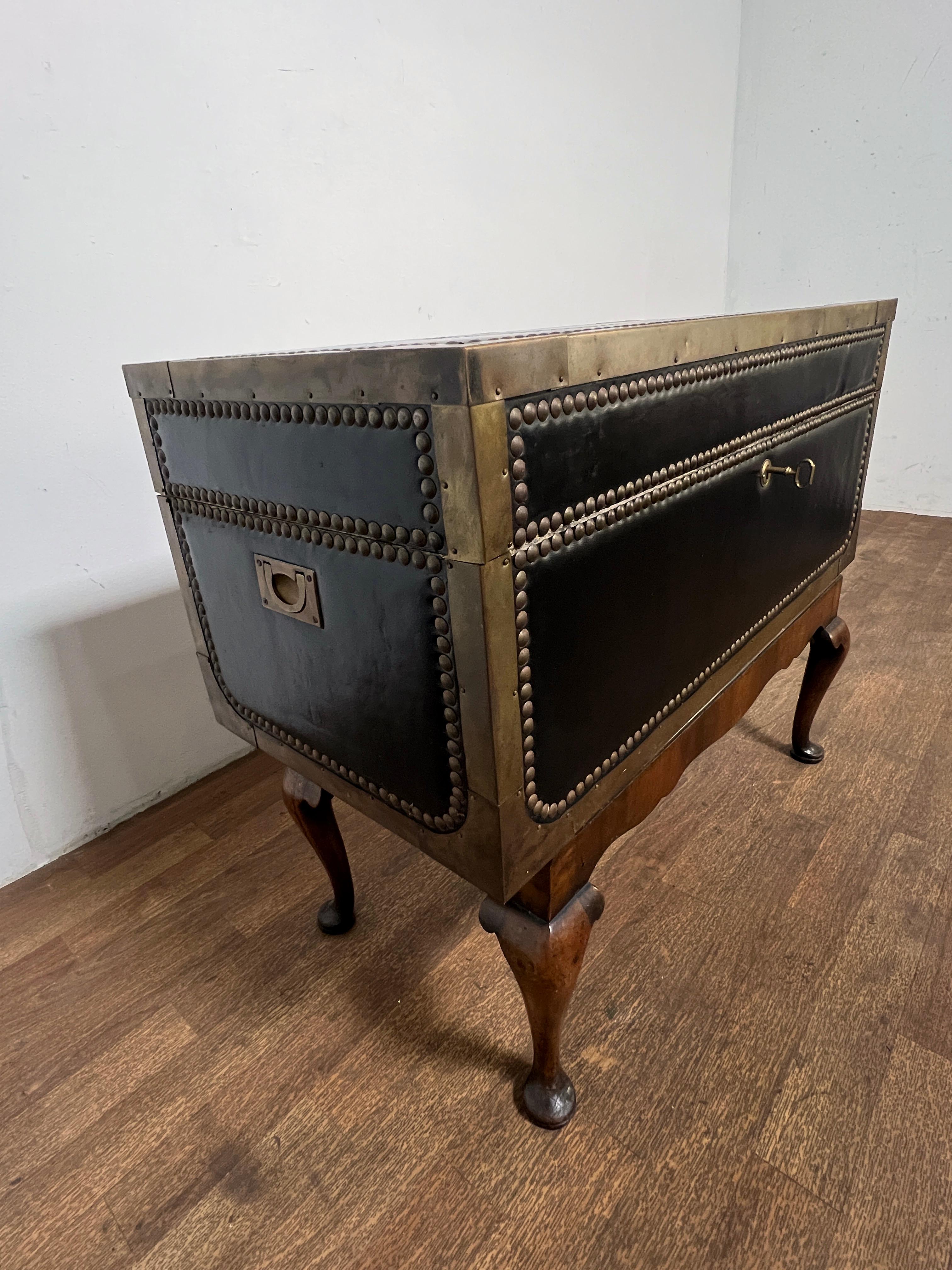 Brass Early 19th Century Leather Clad Camphor Trunk With Nail Head Trim, on Stand For Sale