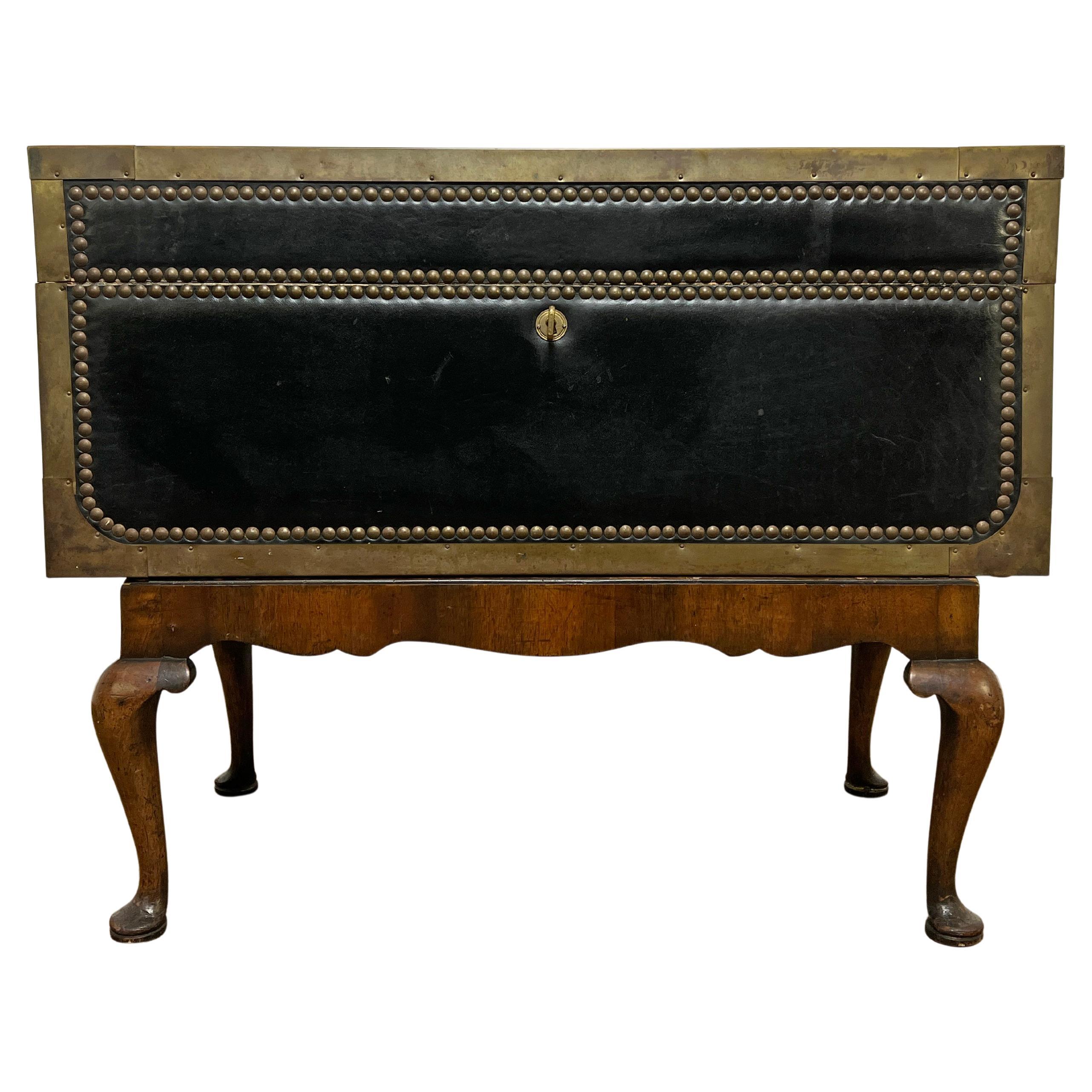 Early 19th Century Leather Clad Camphor Trunk With Nail Head Trim, on Stand For Sale