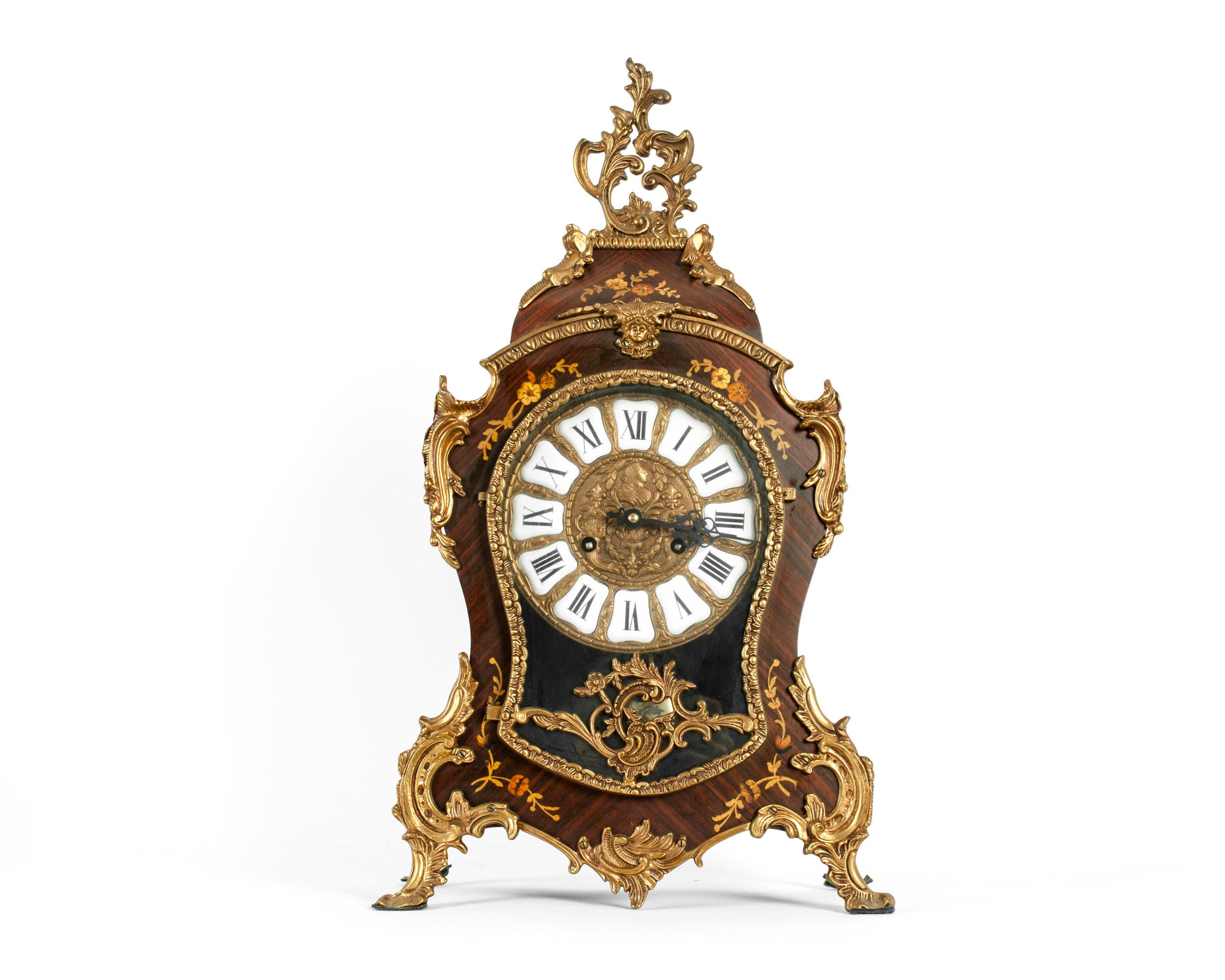 Early 19th century Louis XV style bronze mounted / porcelain face with wall mount stand German movement clock. The wall / desk clock is in great antique condition with wear appropriate with age / use. The clock measure about 23 inches high x 12