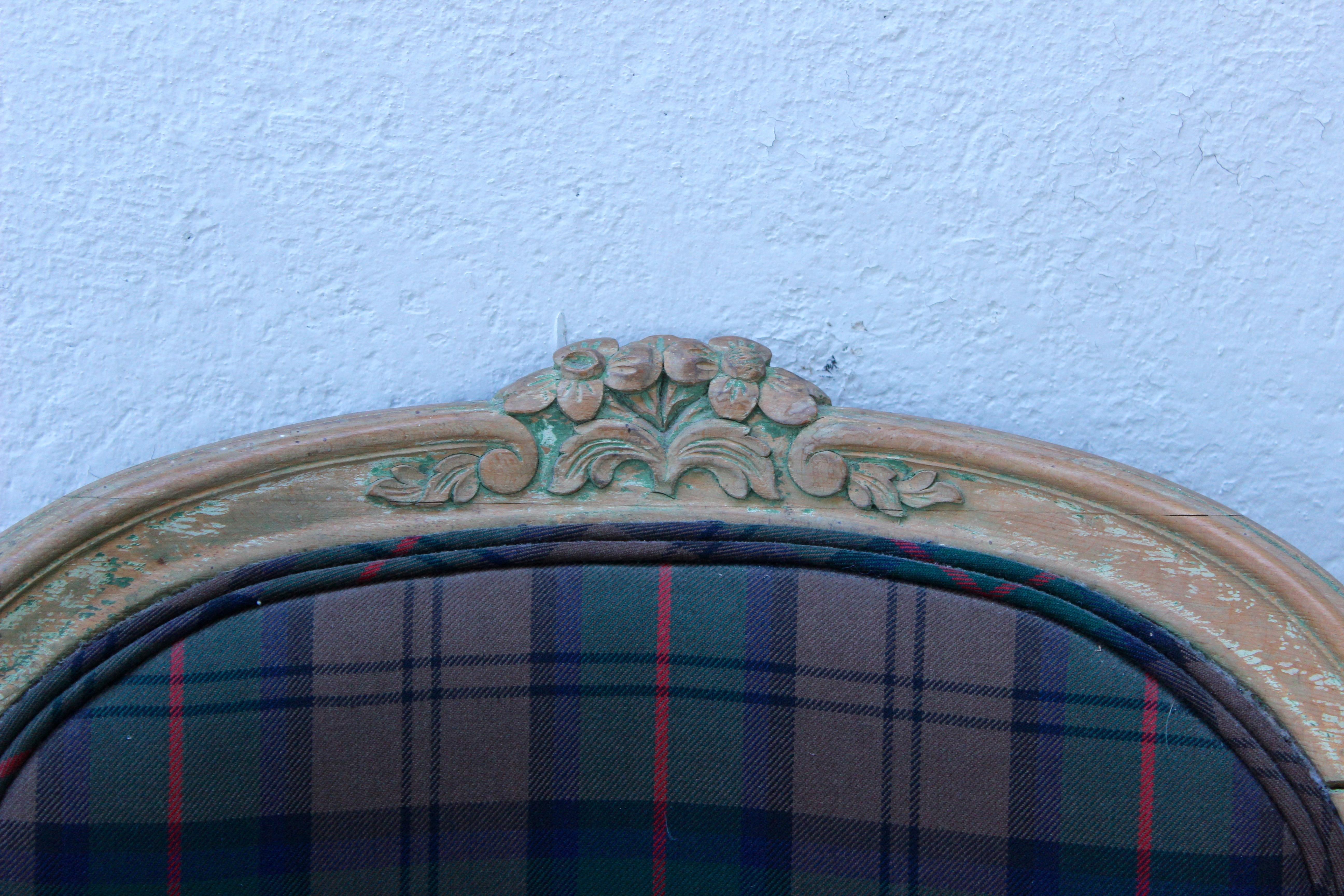 Early 19th century Louis XV Style Fauteuil upholstered in wool plaid.

Measures: Seat height 18