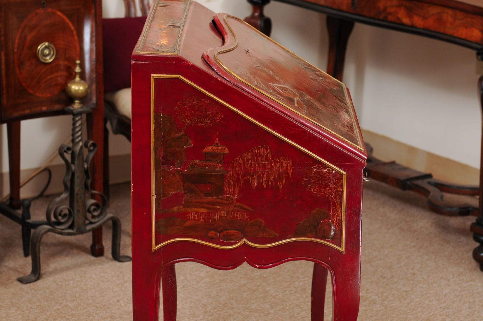 Early 19th Century Louis XV Style Red Lacquered Chinoiserie Slant Front Bureau 7
