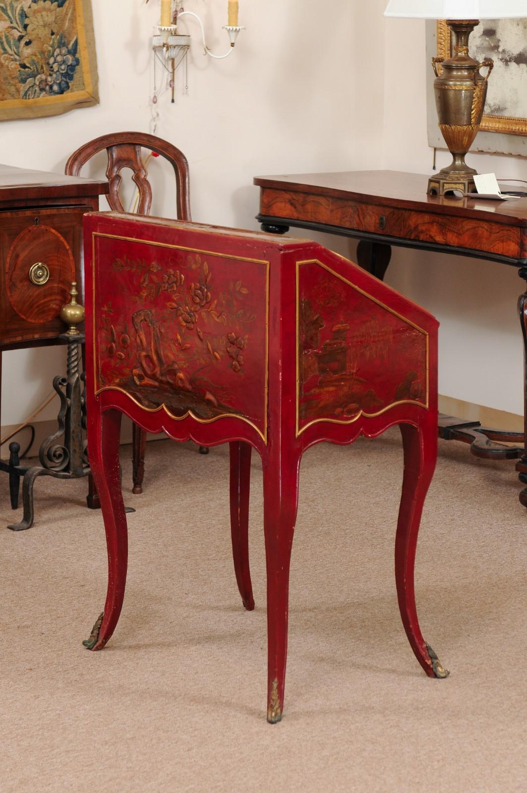 Early 19th Century Louis XV Style Red Lacquered Chinoiserie Slant Front Bureau 8