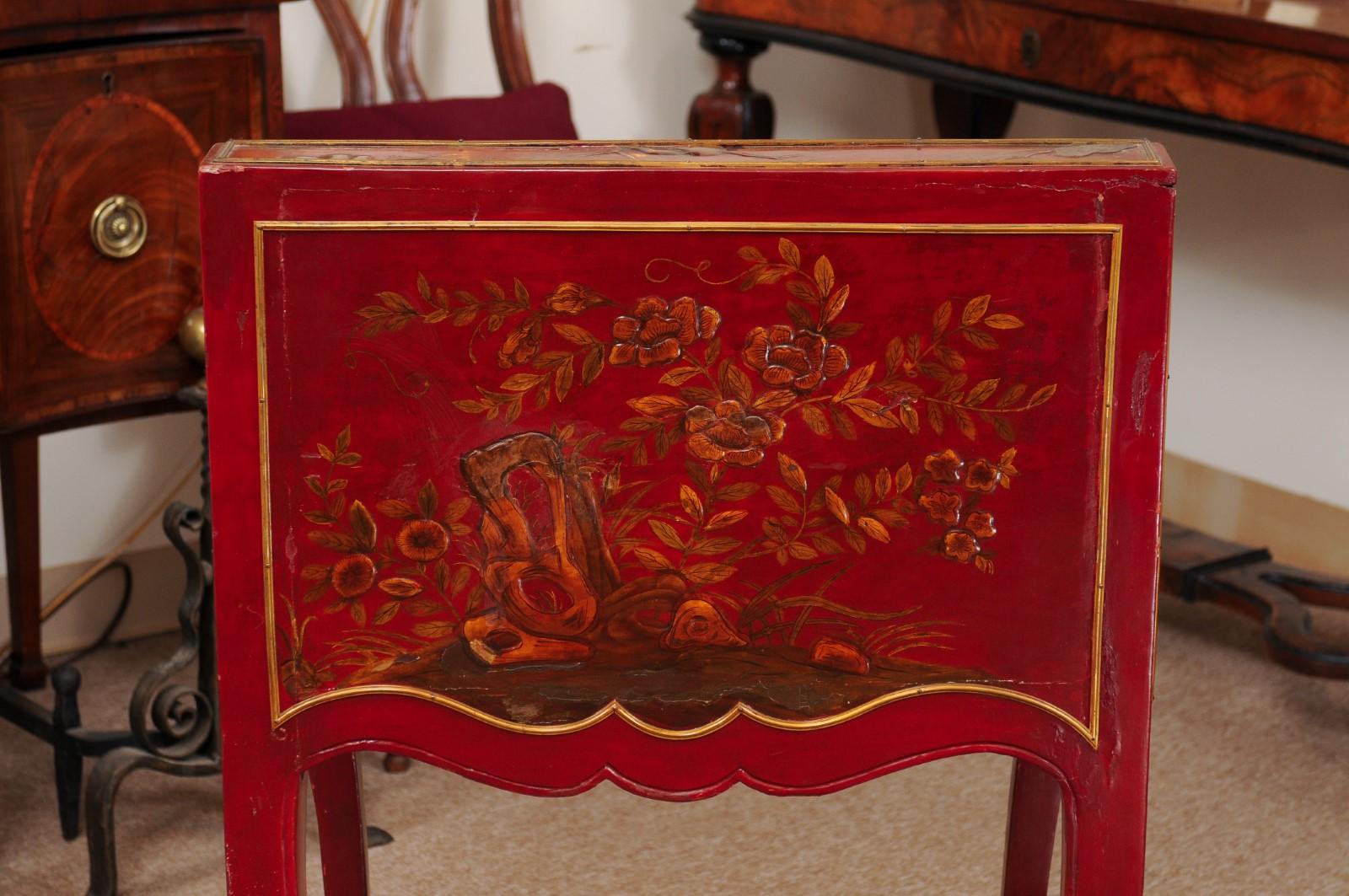 Early 19th Century Louis XV Style Red Lacquered Chinoiserie Slant Front Bureau 10