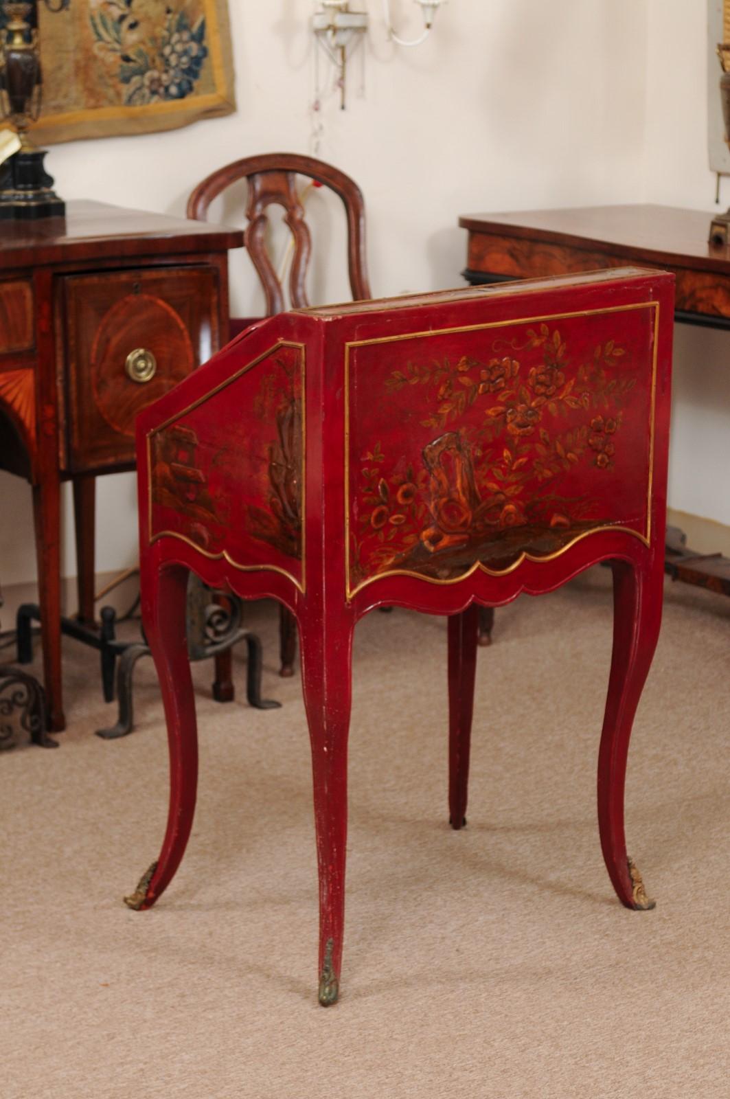 Early 19th Century Louis XV Style Red Lacquered Chinoiserie Slant Front Bureau 11