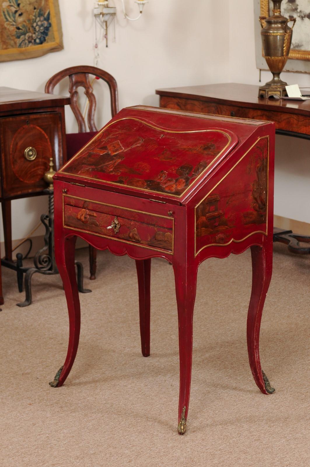Early 19th Century Louis XV Style Red Lacquered Chinoiserie Slant Front Bureau 13