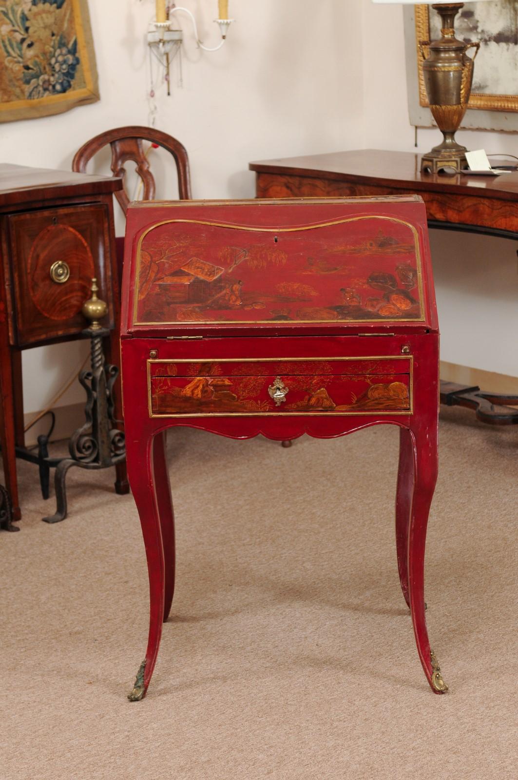Early 19th Century Louis XV Style Red Lacquered Chinoiserie Slant Front Bureau 14