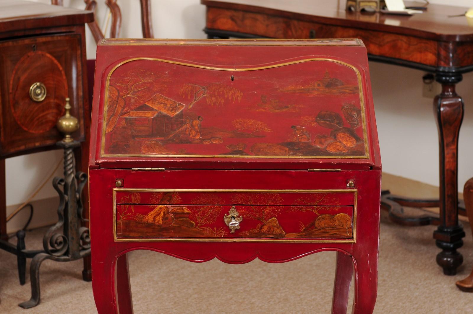 Early 19th Century Louis XV Style Red Lacquered Chinoiserie Slant Front Bureau 15