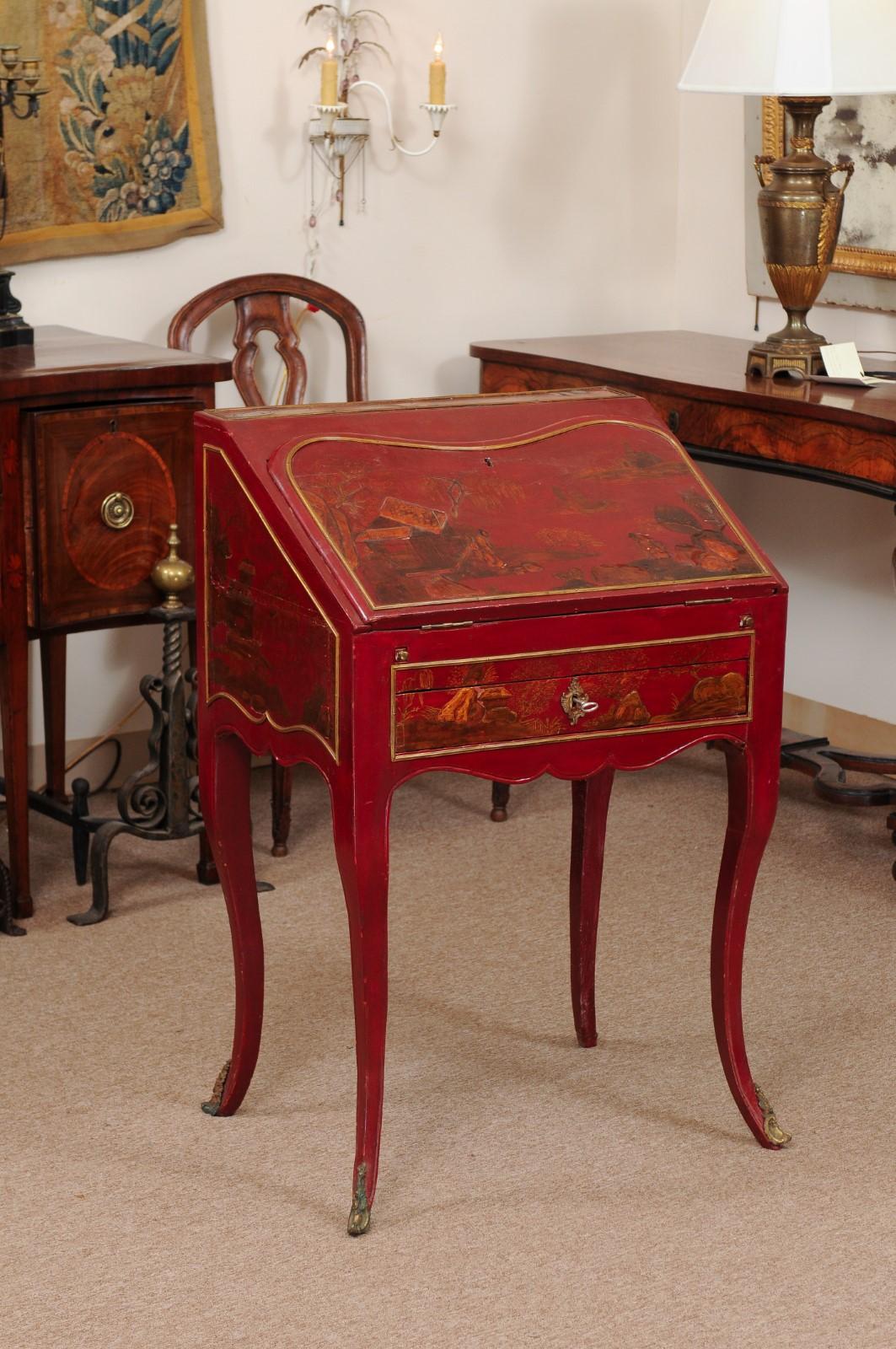 French Early 19th Century Louis XV Style Red Lacquered Chinoiserie Slant Front Bureau