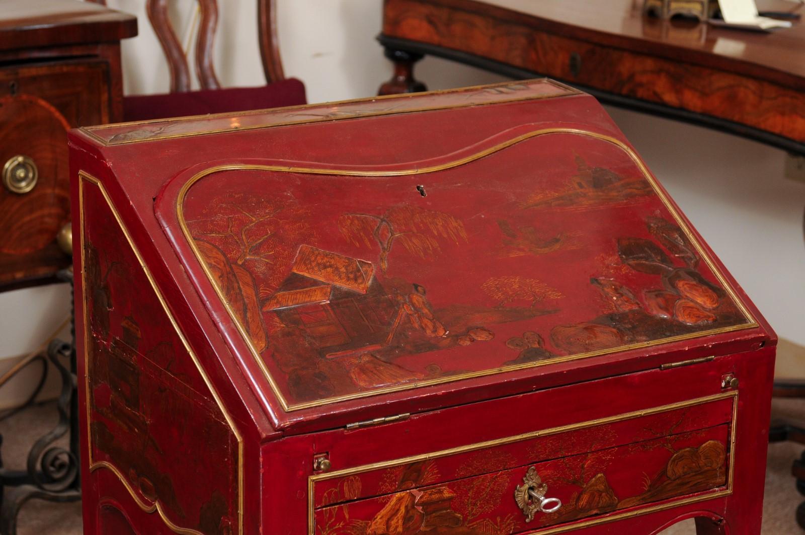 Early 19th Century Louis XV Style Red Lacquered Chinoiserie Slant Front Bureau In Good Condition In Atlanta, GA