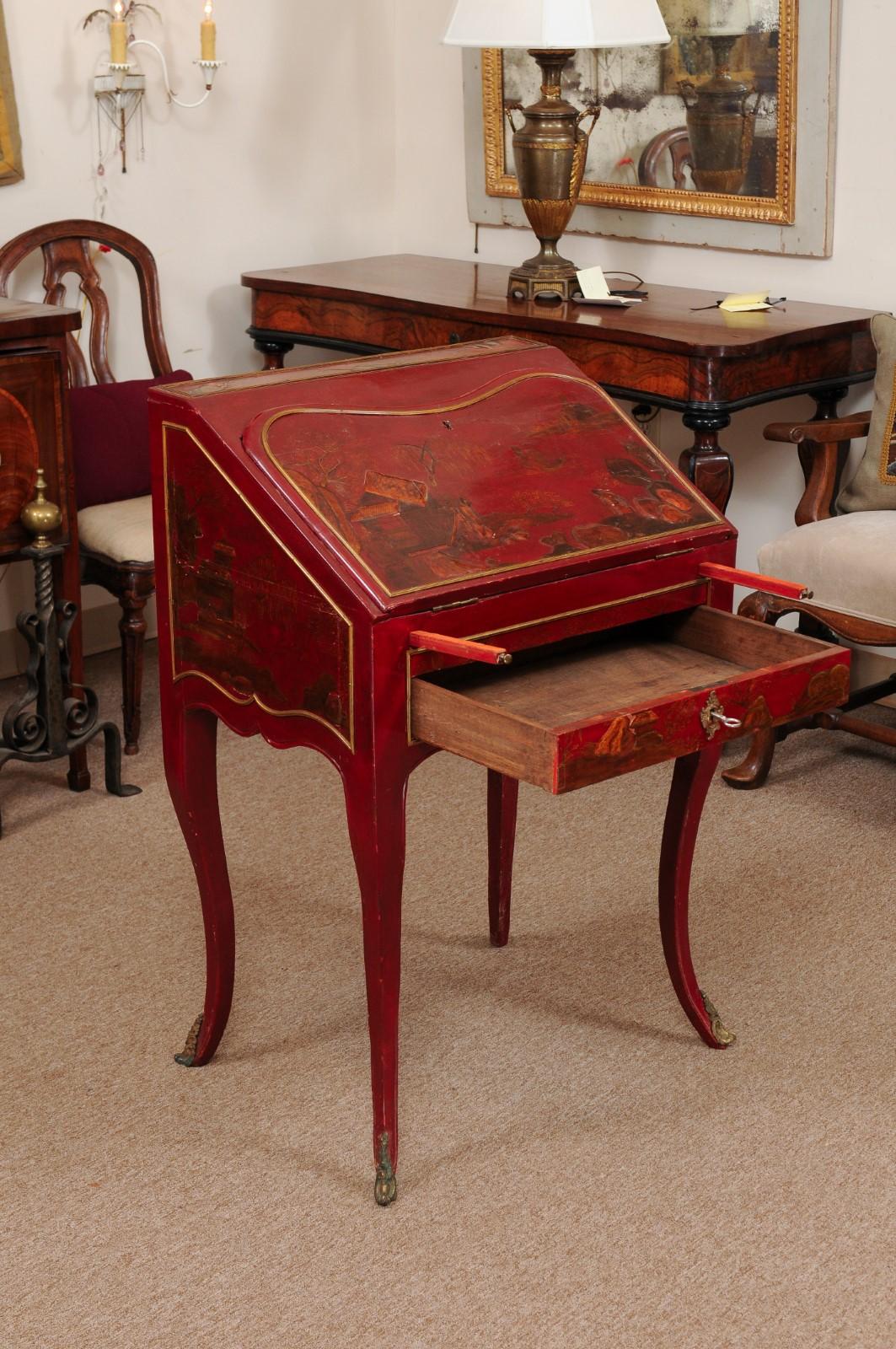 Wood Early 19th Century Louis XV Style Red Lacquered Chinoiserie Slant Front Bureau