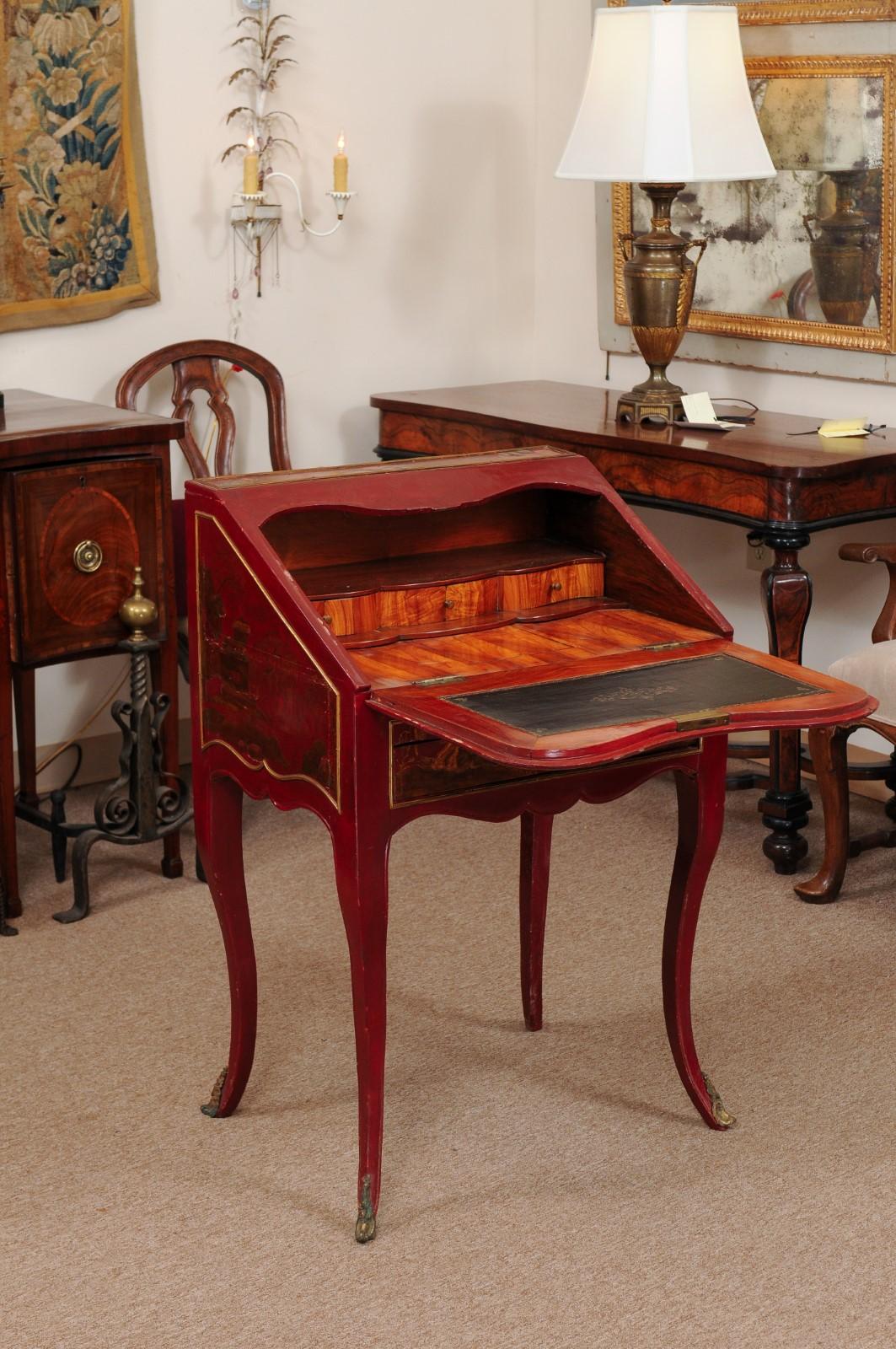 Early 19th Century Louis XV Style Red Lacquered Chinoiserie Slant Front Bureau 1