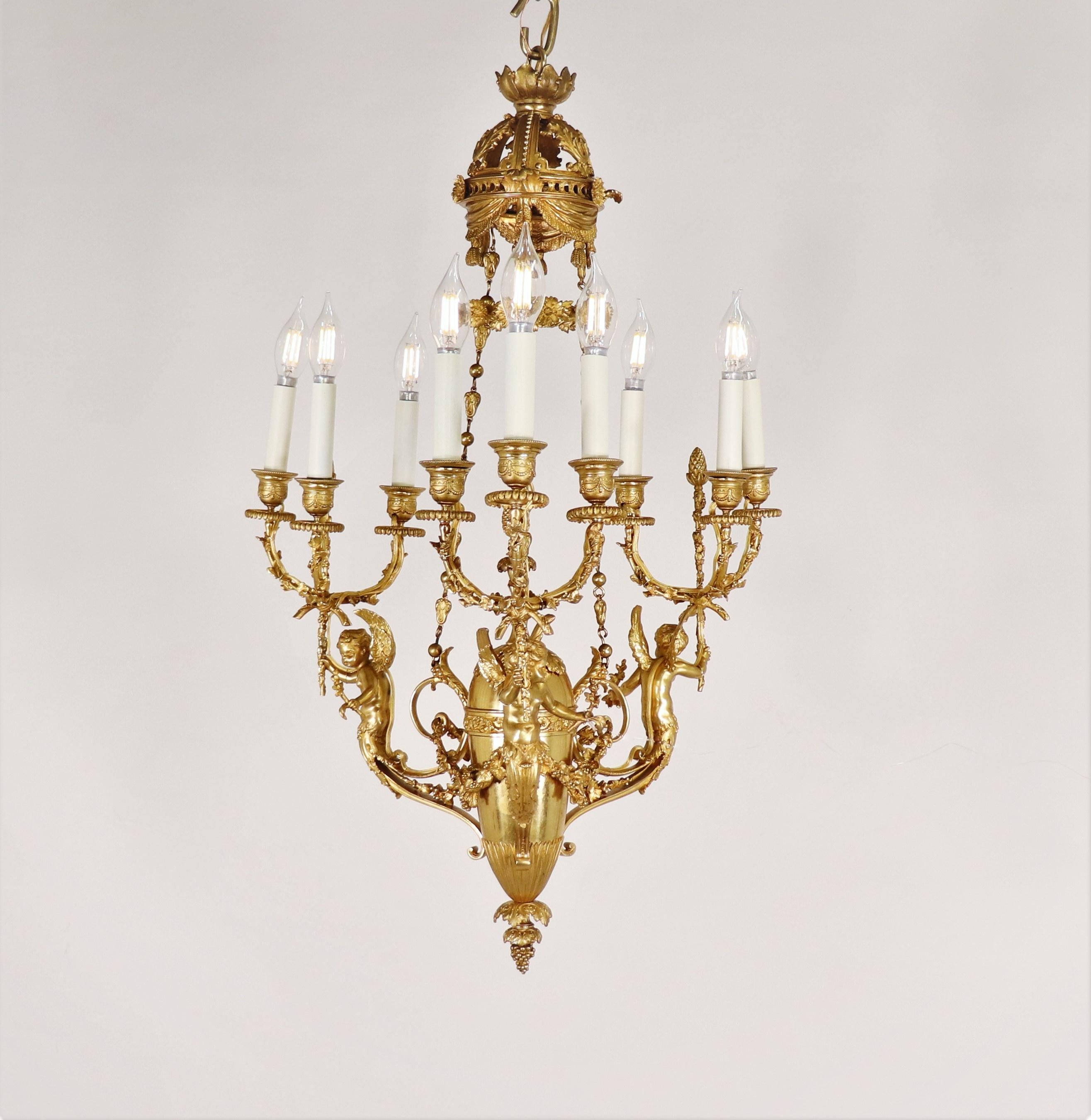 Early 19th Century Louis XVI Style Doré Bronze Cherub Putti Chandelier For Sale 9