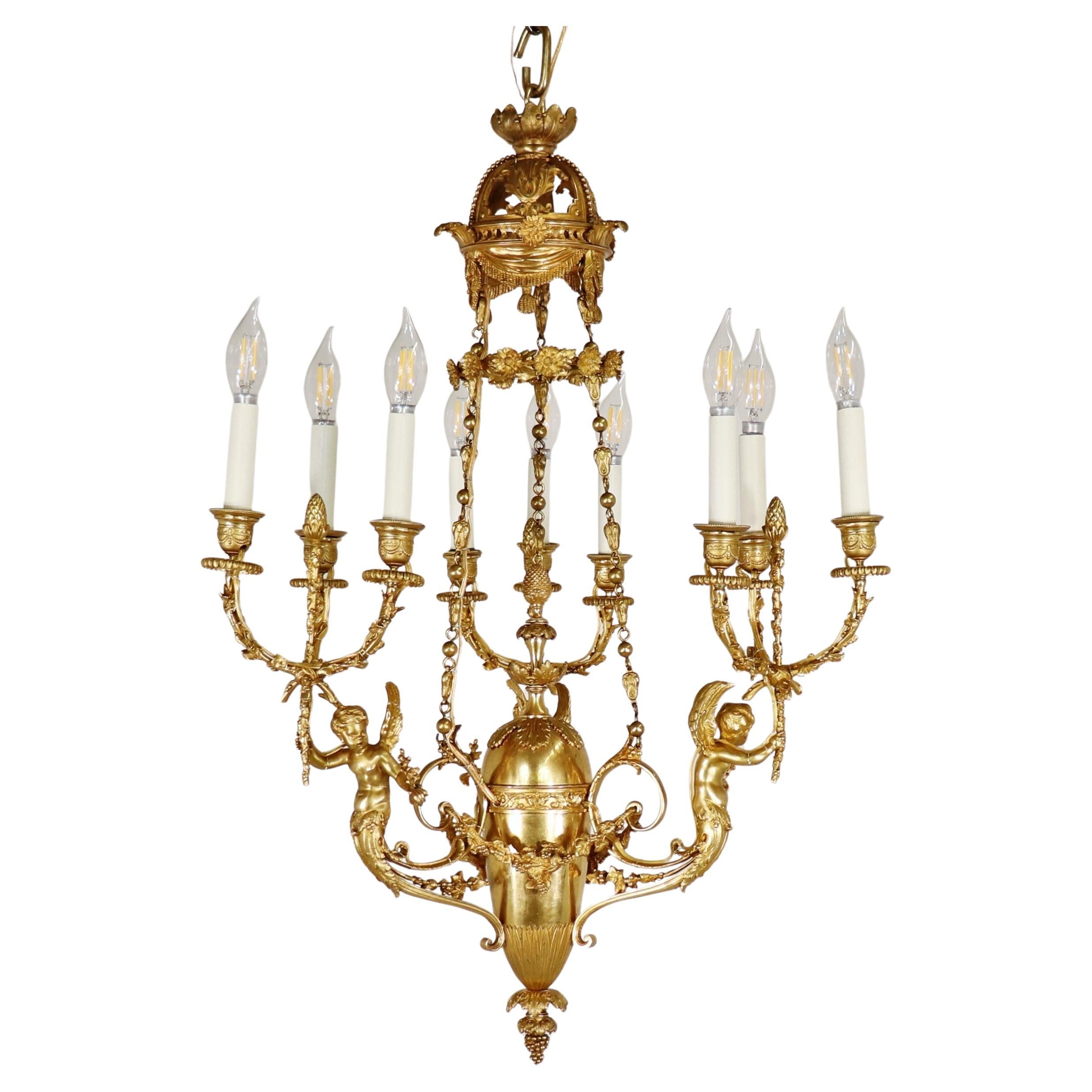 Early 19th Century Louis XVI Style Doré Bronze Cherub Putti Chandelier