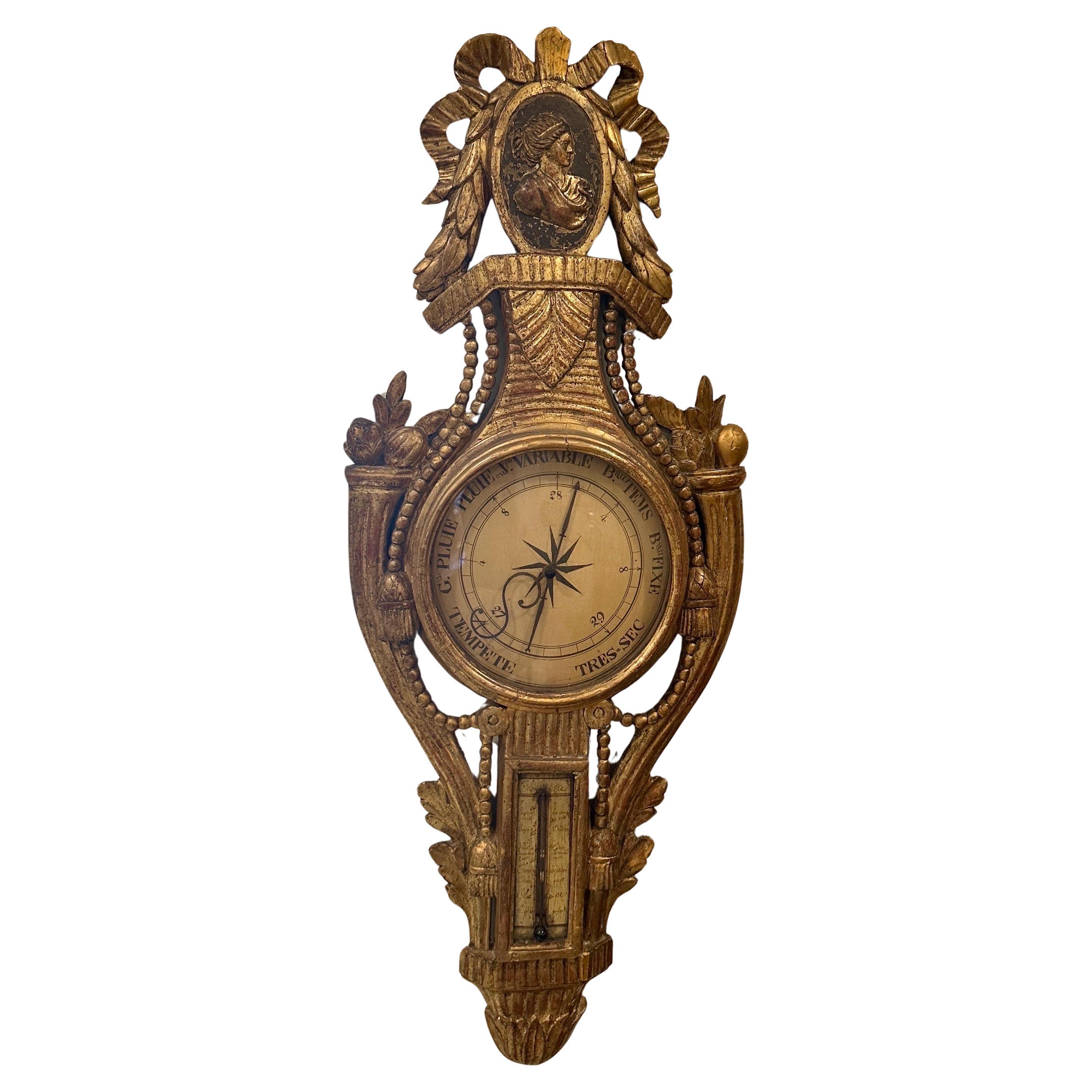 Early 19th Century Louis XVI Style Giltwood Barometer 
Thermometer in vendita