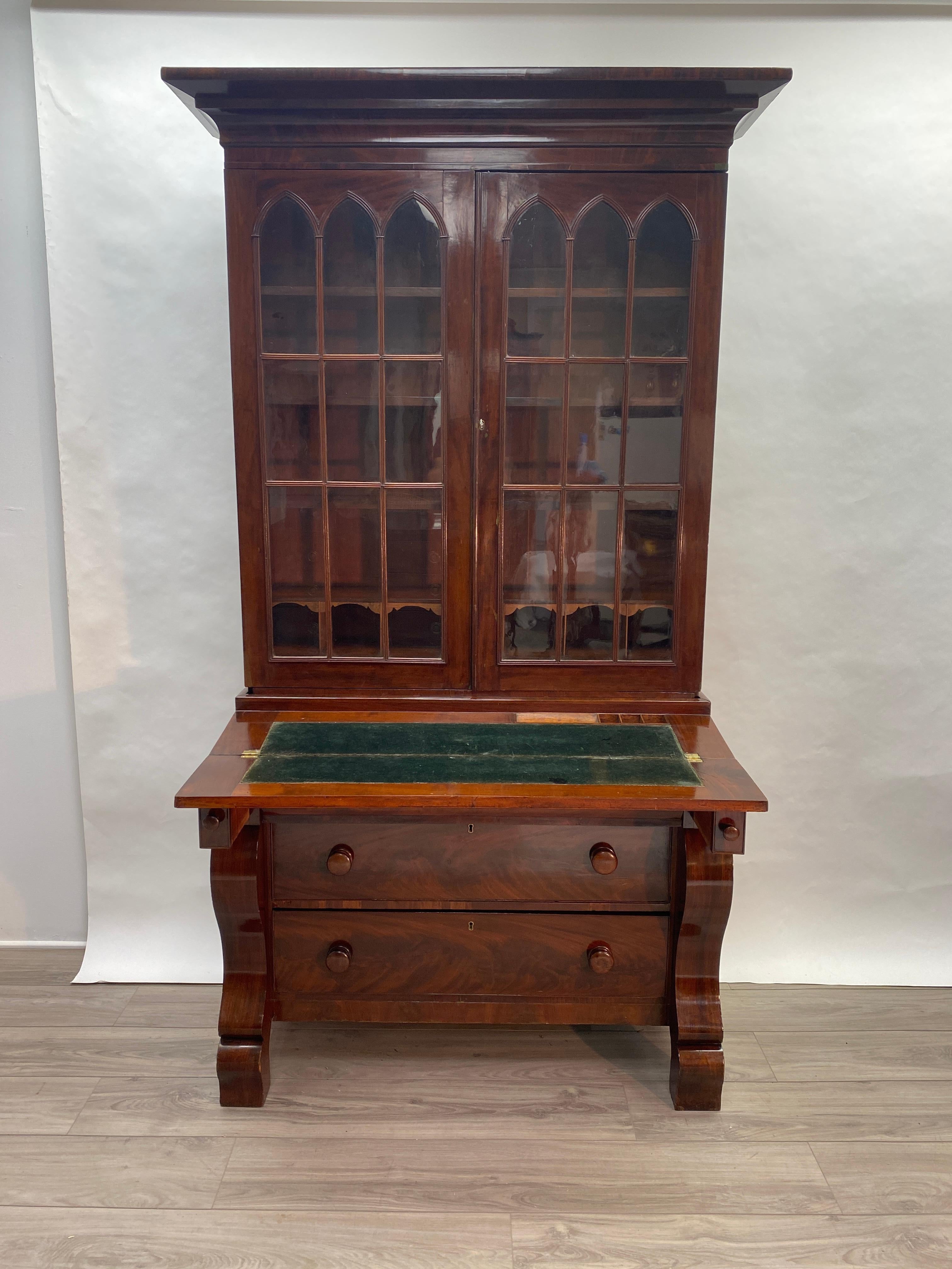 Polished Early 19th Century Mahogany American Empire Secretary with Bookcase 