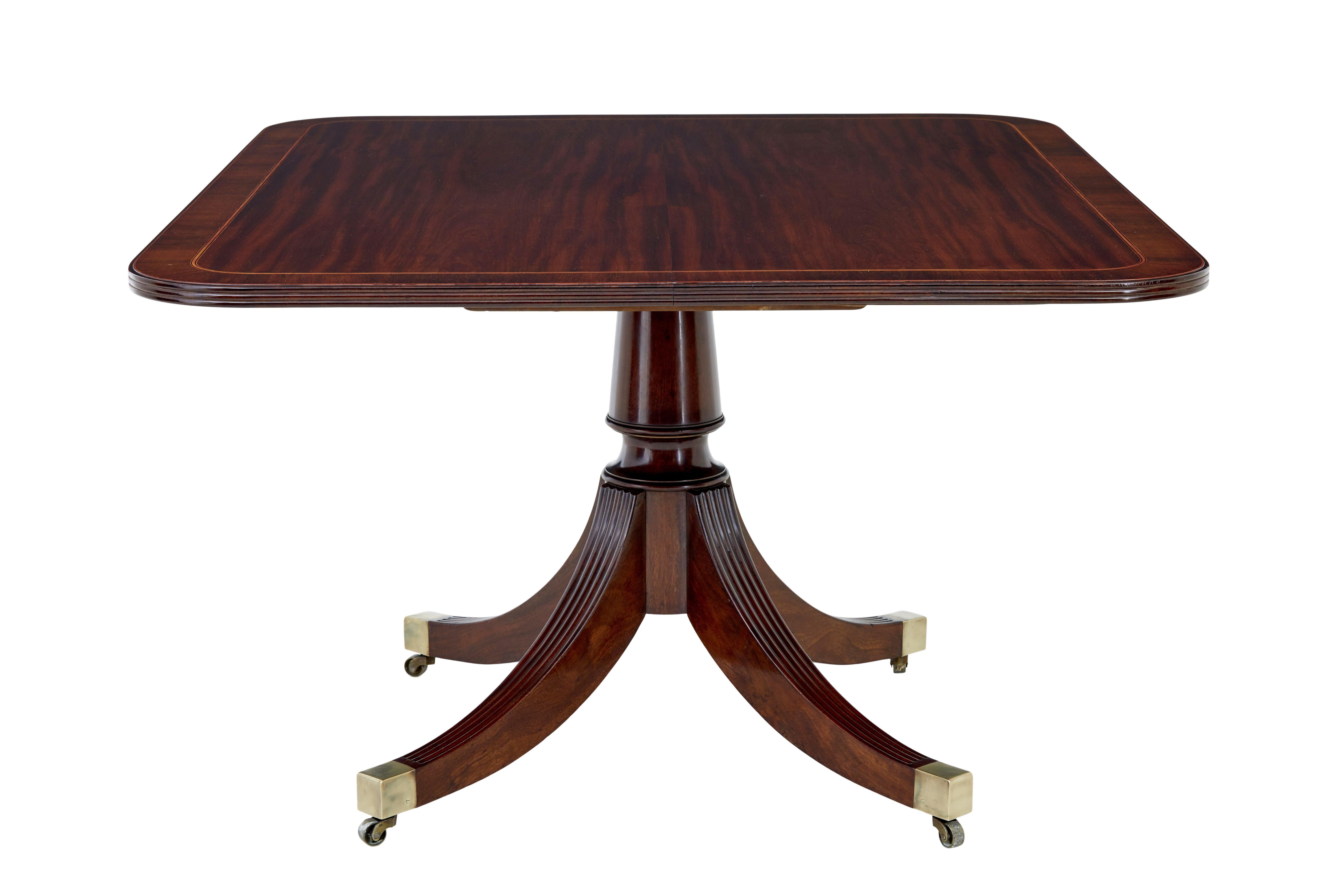 Early 19th century mahogany breakfast table circa 1810.

Fine quality late georgian breakfast table that seats a comfortable 6.  Rectangular top with rounded corners and reeded detailing.  Satinwood stringing detail border to the top surface.

Top