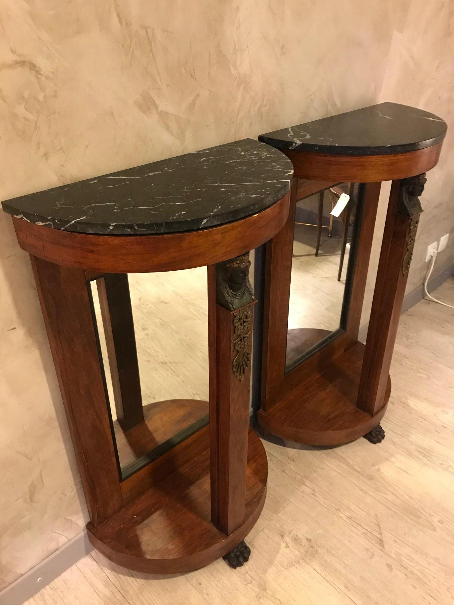 Early 20th Century Early 19th Century Mahogany French Empire Style Pair of Demilune Console, 1920s