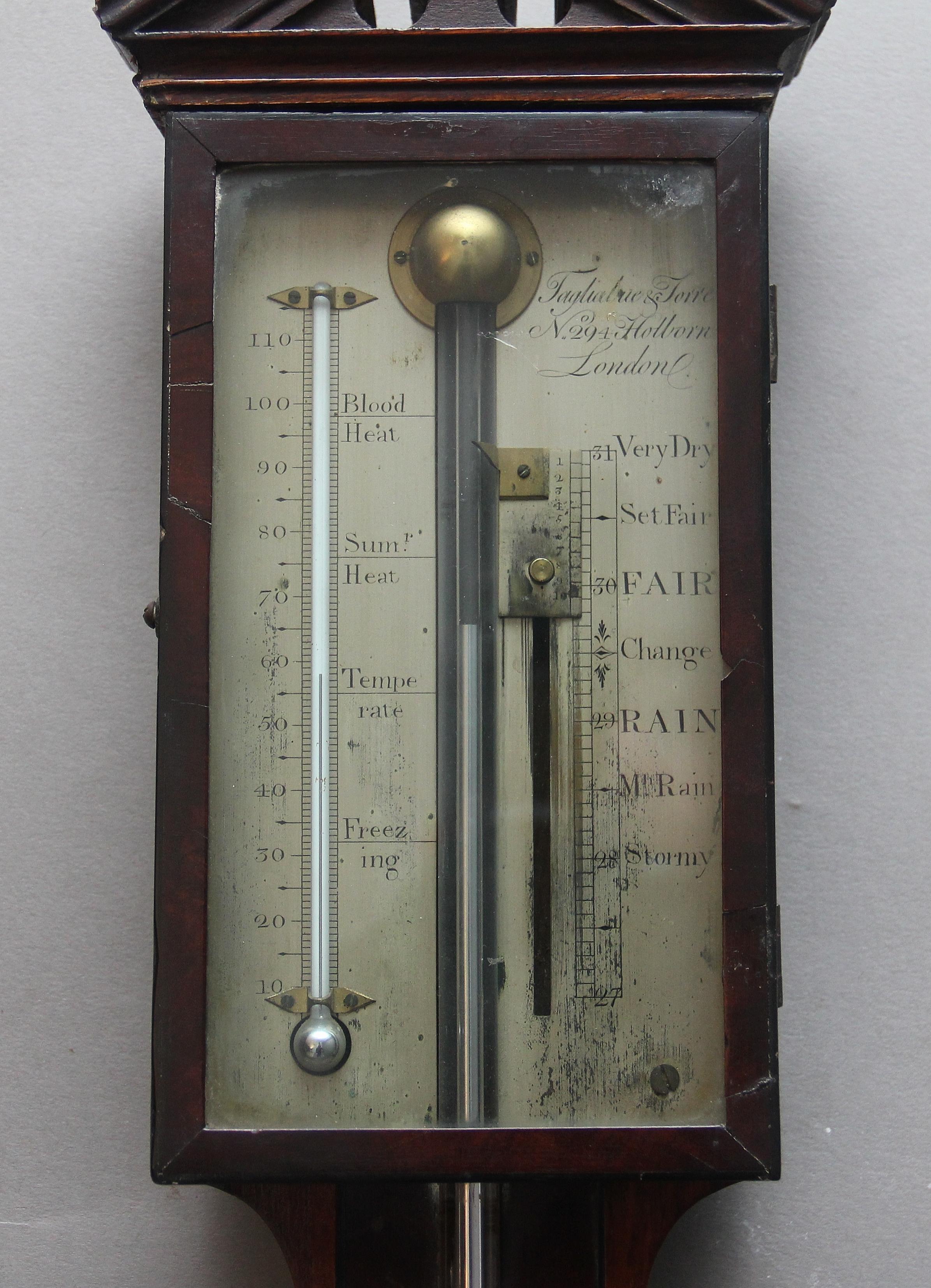 Georgian Early 19th Century Mahogany Stick Barometer by Tagliaue & Torre of 294 Holborn For Sale