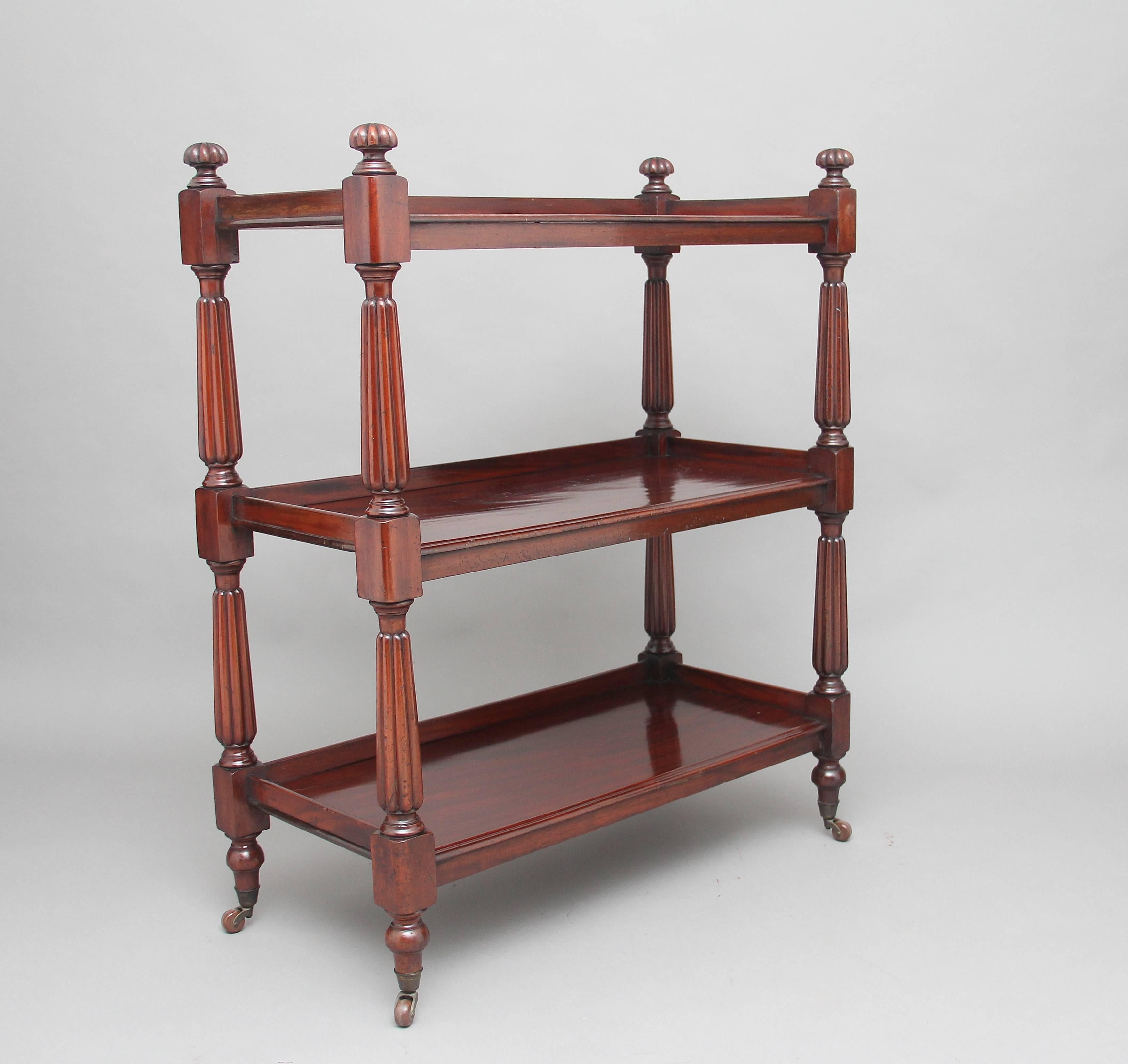 Early 19th century mahogany three tier dumbwaiter, each section having a gallery to the back and sides, wonderful fluted supports with the top shelf having carved turned and fluted decoration, standing on turned feet with brass caps and ceramic