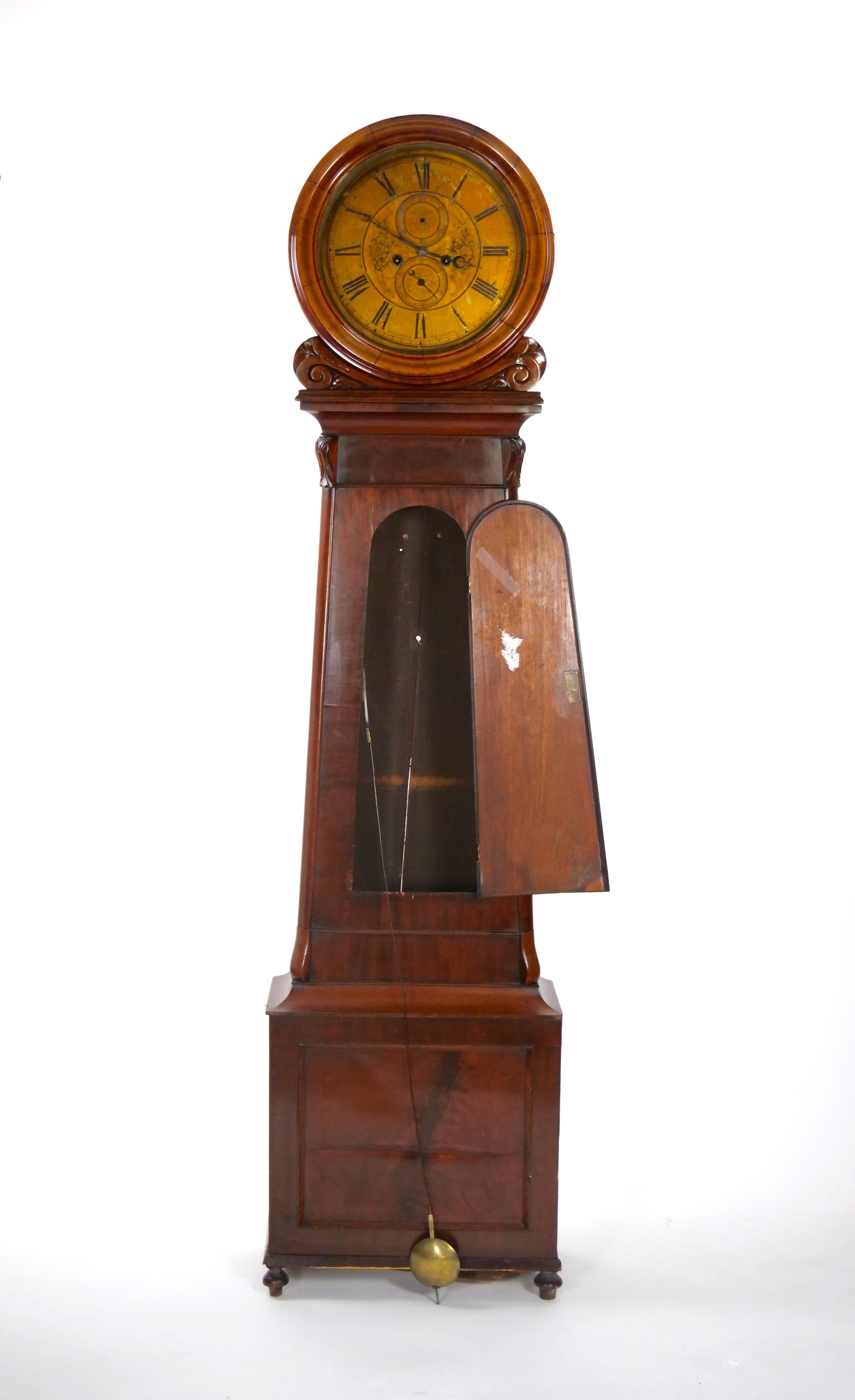 Hand-Carved Early 19th Century Mahogany Wood Scottish Drumhead Tall Case Clock For Sale
