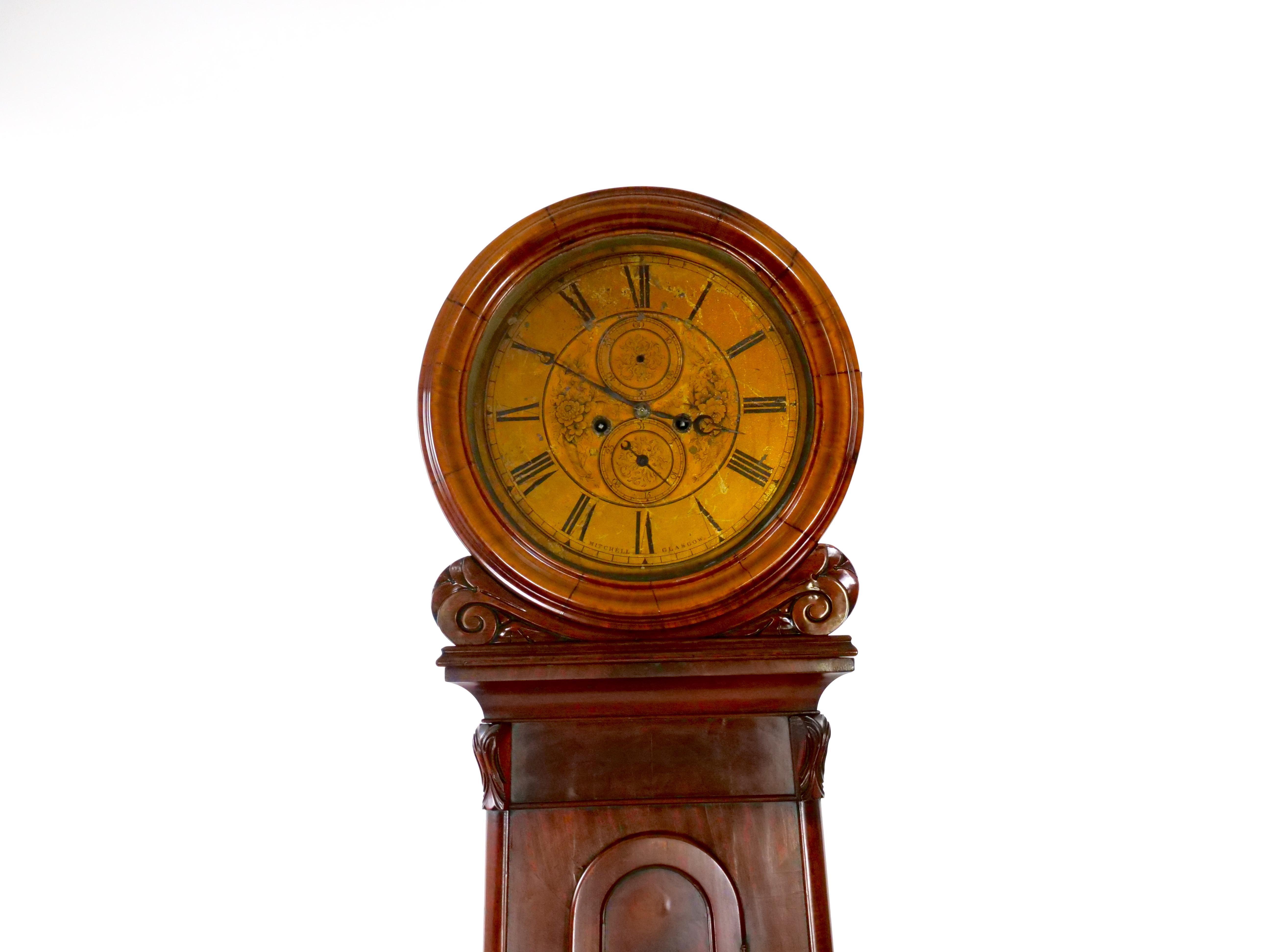 Early 19th Century Mahogany Wood Scottish Drumhead Tall Case Clock In Good Condition For Sale In Tarry Town, NY