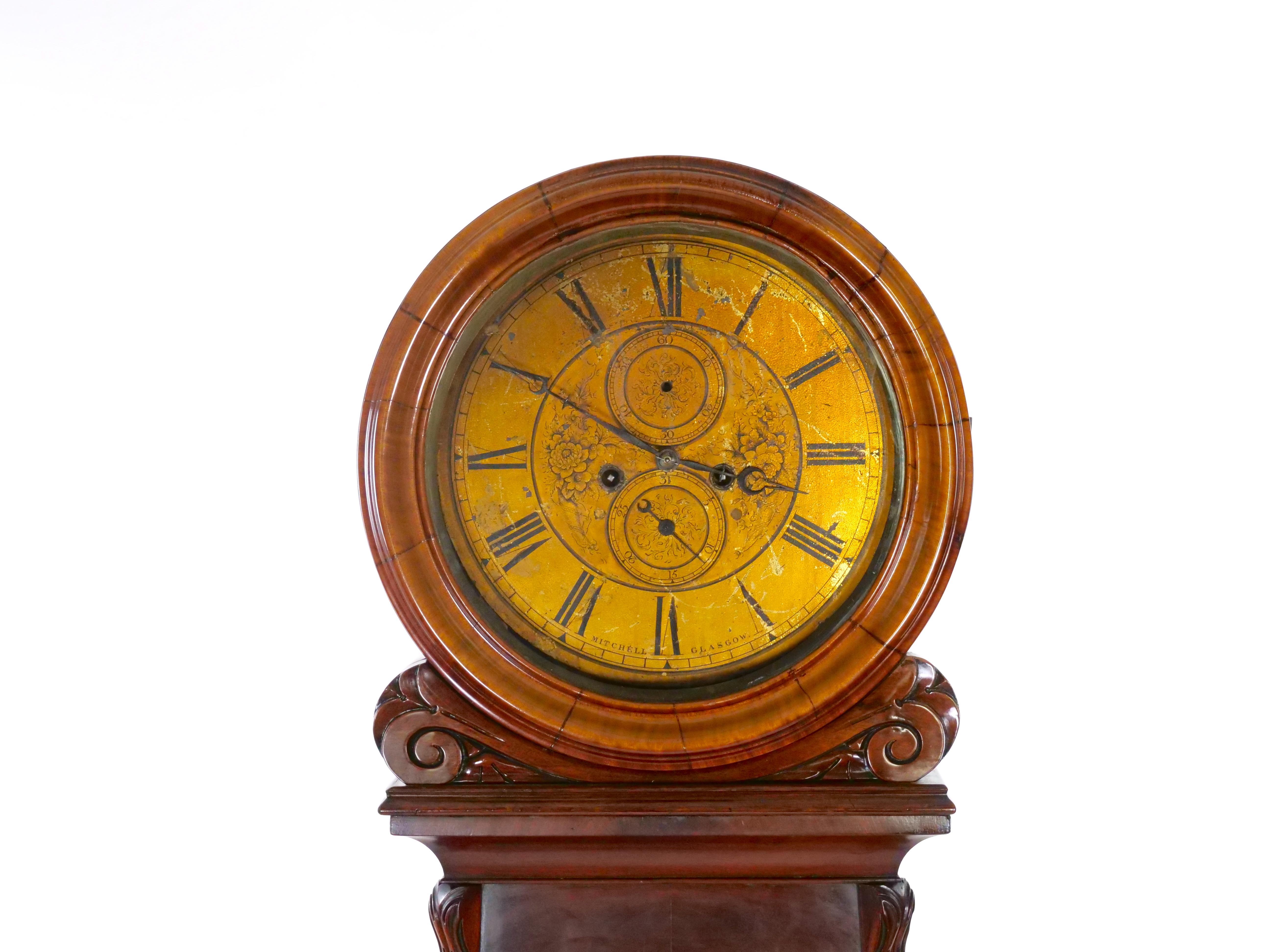 Frühe 19. Jahrhundert Mahagoni Holz schottischen Trommelfell große Fall Uhr im Angebot 1