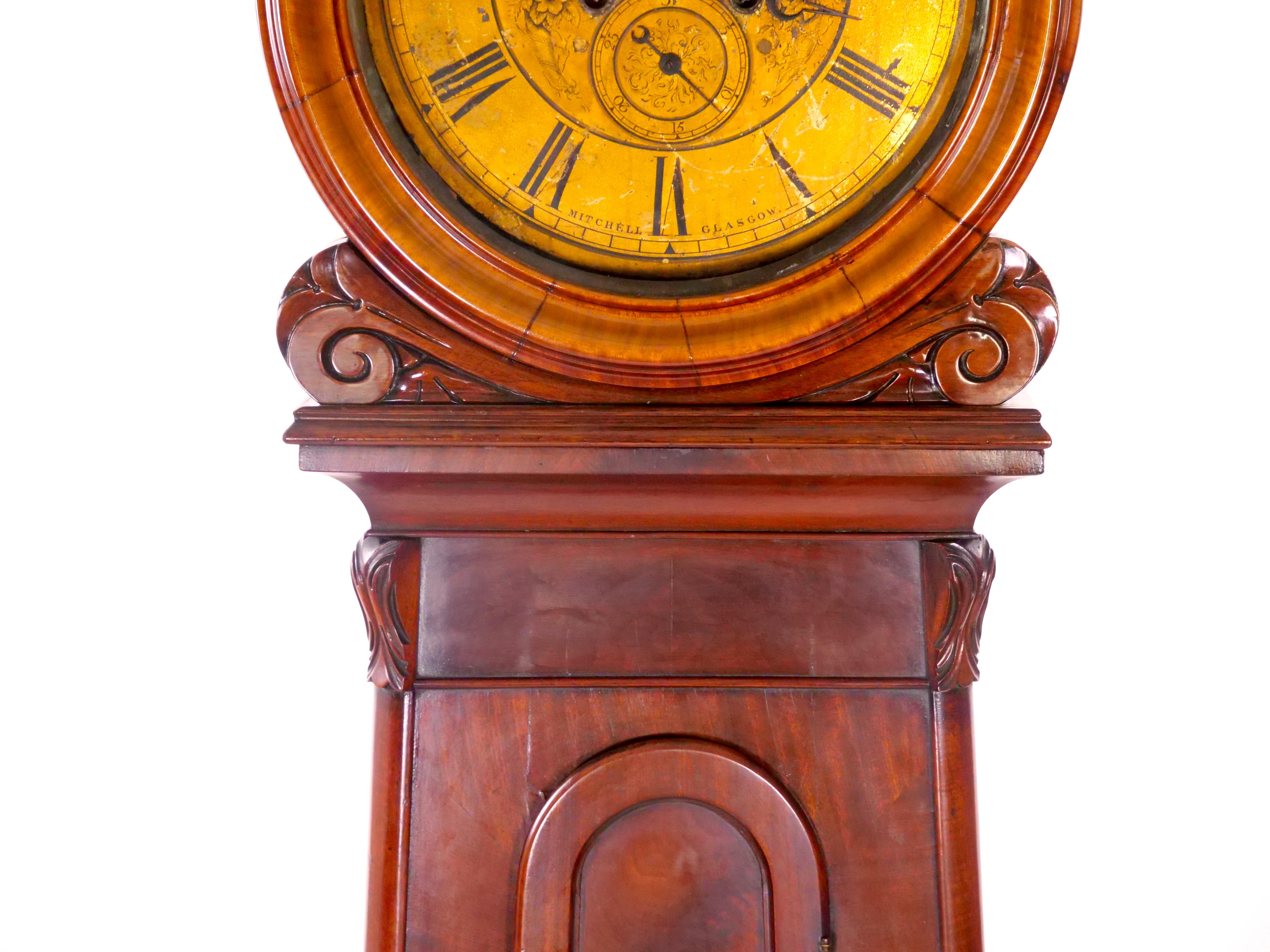 Frühe 19. Jahrhundert Mahagoni Holz schottischen Trommelfell große Fall Uhr im Angebot 2