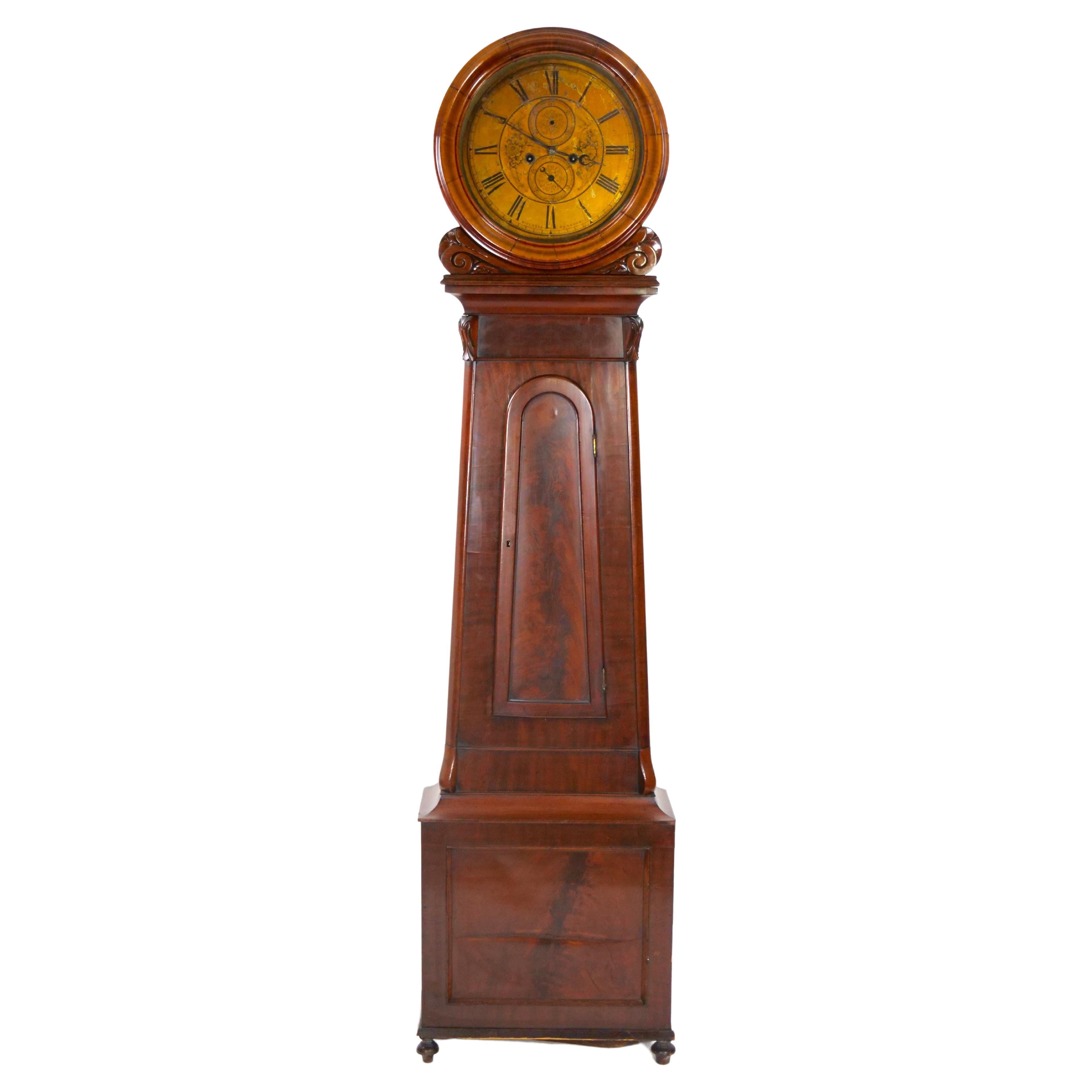 Early 19th Century Mahogany Wood Scottish Drumhead Tall Case Clock For Sale