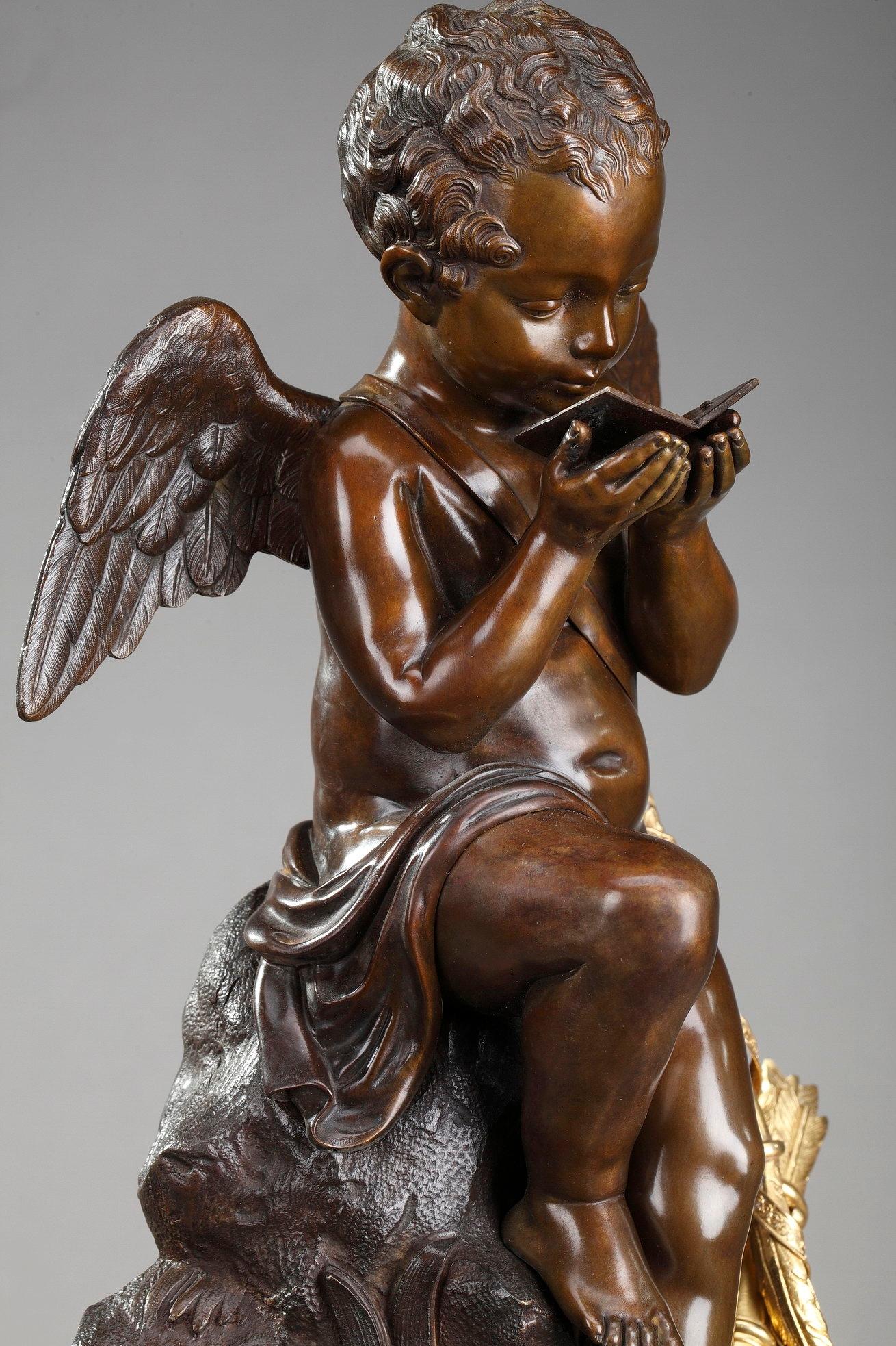 Horloge en marbre du début du 19e siècle, lecture de Cupidon par Ledure et Hémon en vente 3