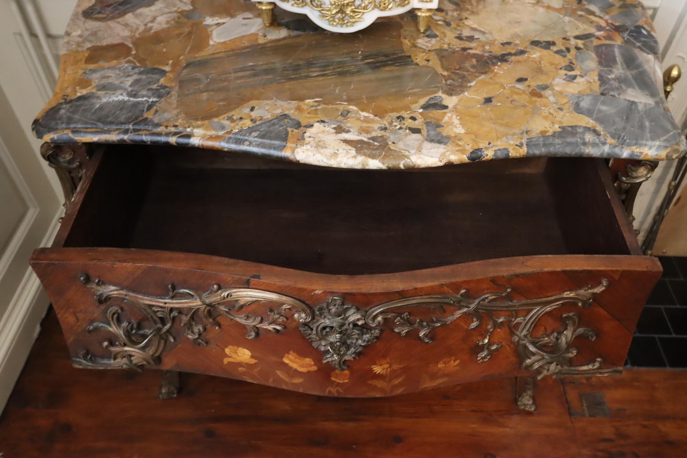 Marble Early 19th Century marquetry and Parquetry French Commode, with Ormalu Mounts. For Sale