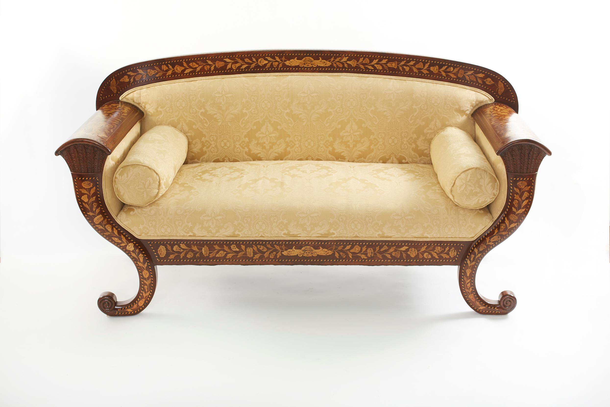 Early 19th Century Marquetry Wood Inlaid Sofa / Scrolled Back 7