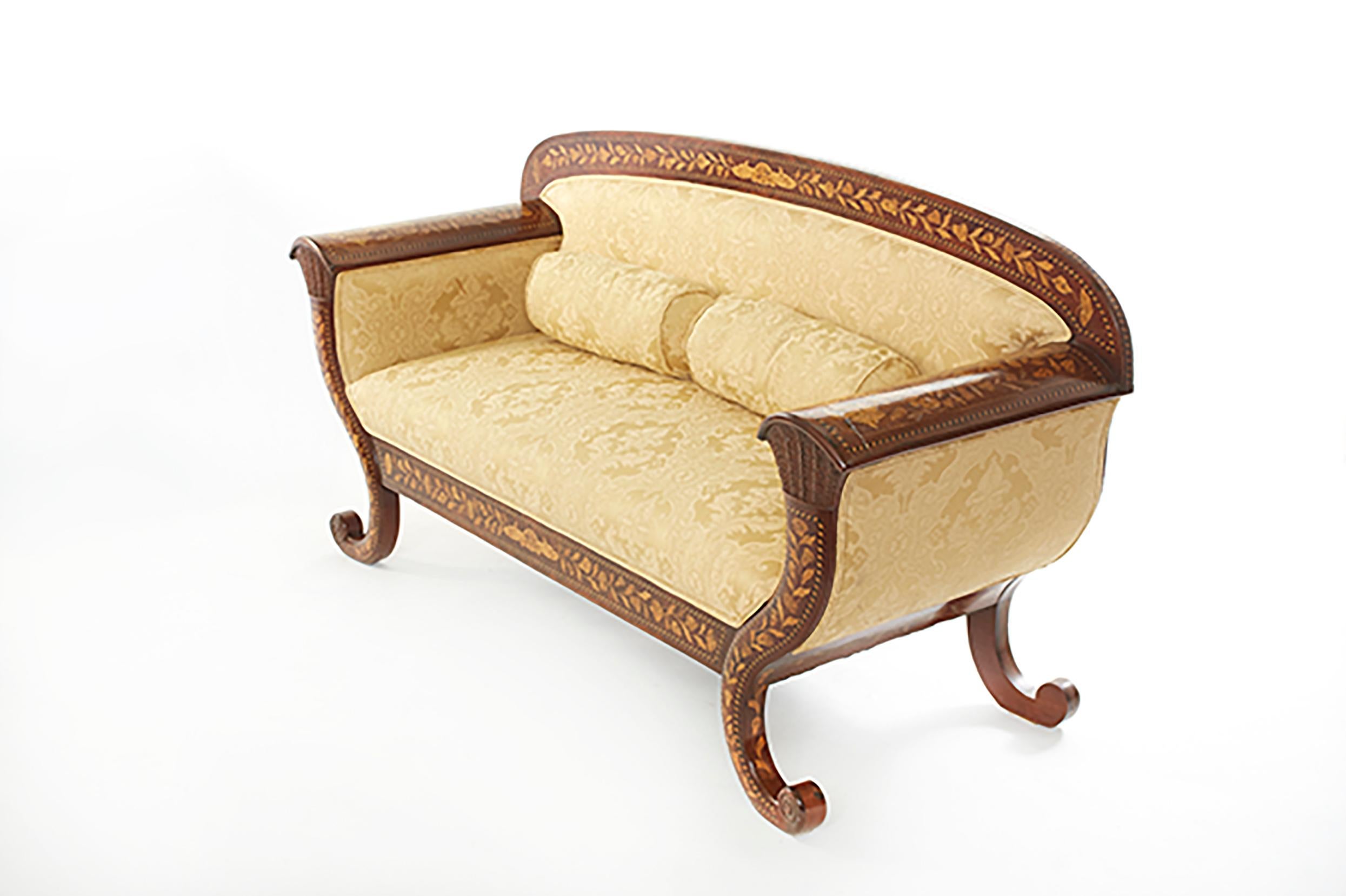 Early 19th Century Marquetry Wood Inlaid Sofa / Scrolled Back In Good Condition In Tarry Town, NY