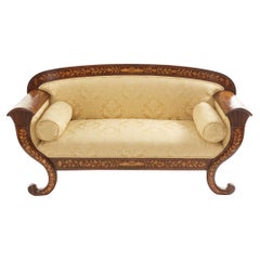 Early 19th Century Marquetry Wood Inlaid Sofa / Scrolled Back