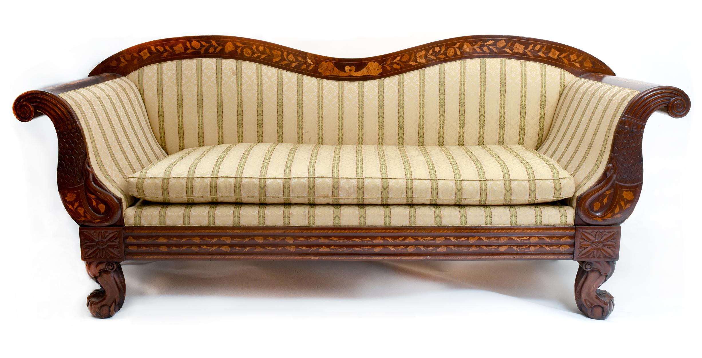 Early 19th Century Marquetry Wood Inlaid Sofa with Scrolled Back 5