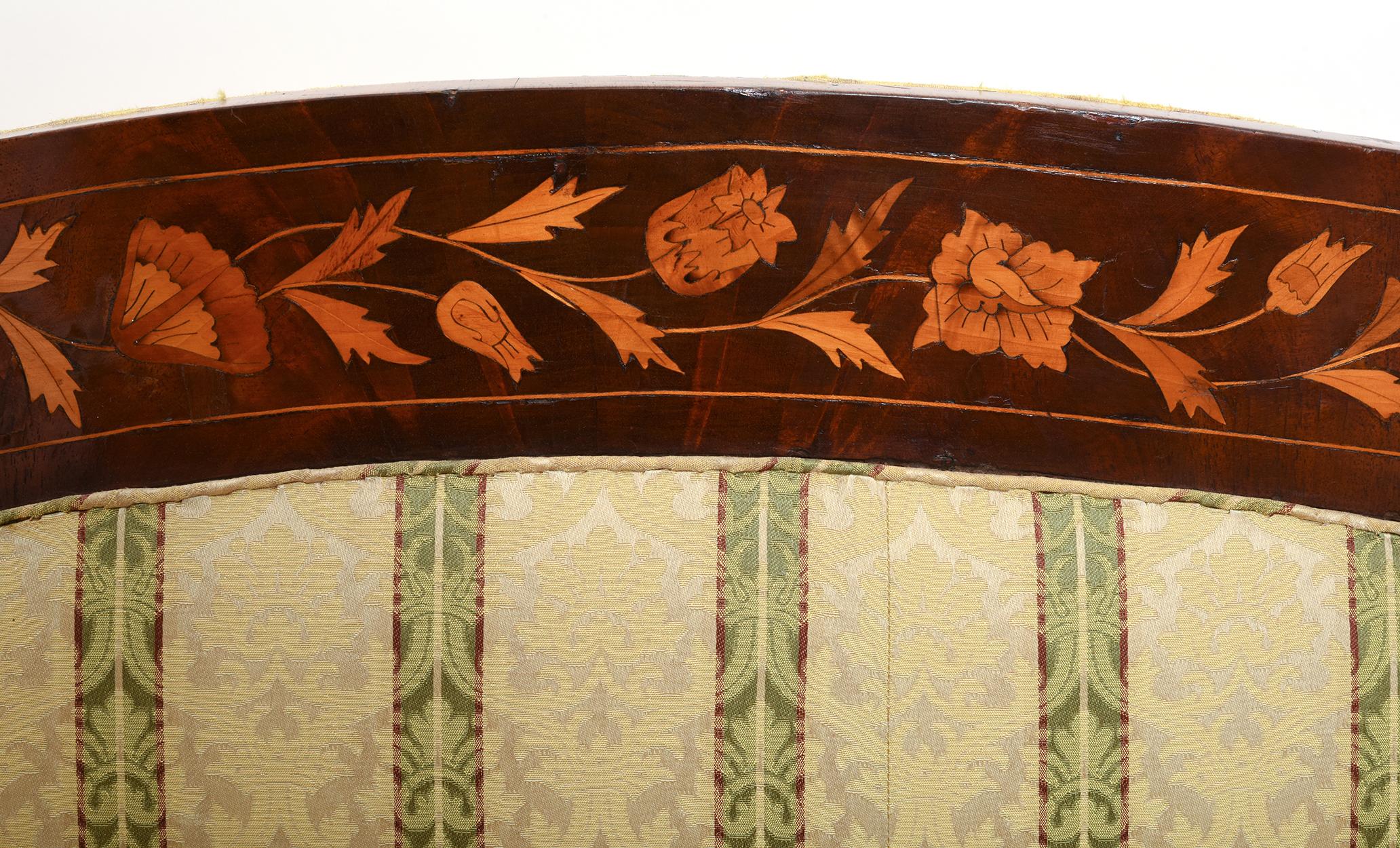 Dutch Early 19th Century Marquetry Wood Inlaid Sofa with Scrolled Back