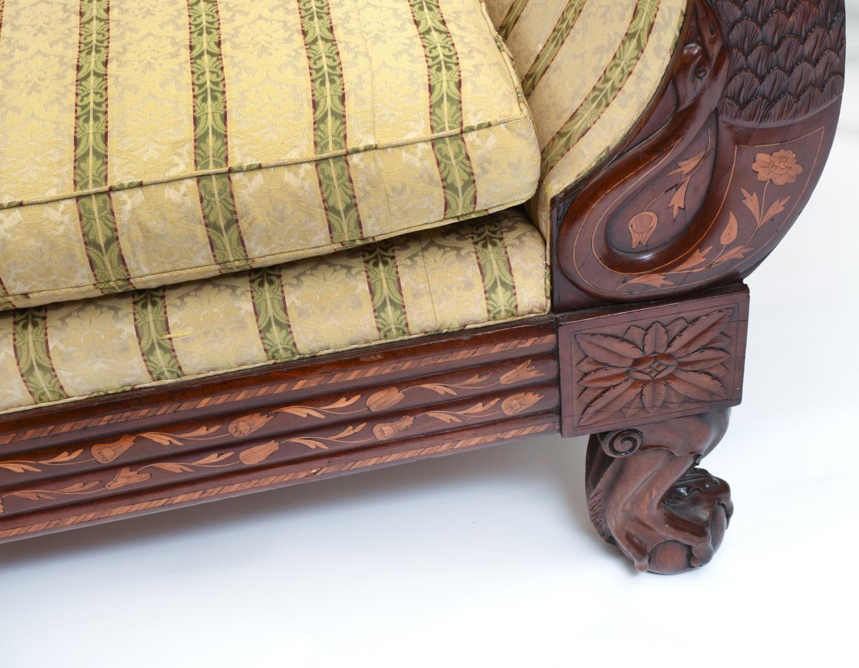 Early 19th Century Marquetry Wood Inlaid Sofa with Scrolled Back 2