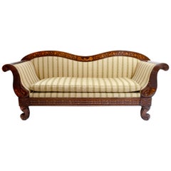 Early 19th Century Marquetry Wood Inlaid Sofa with Scrolled Back