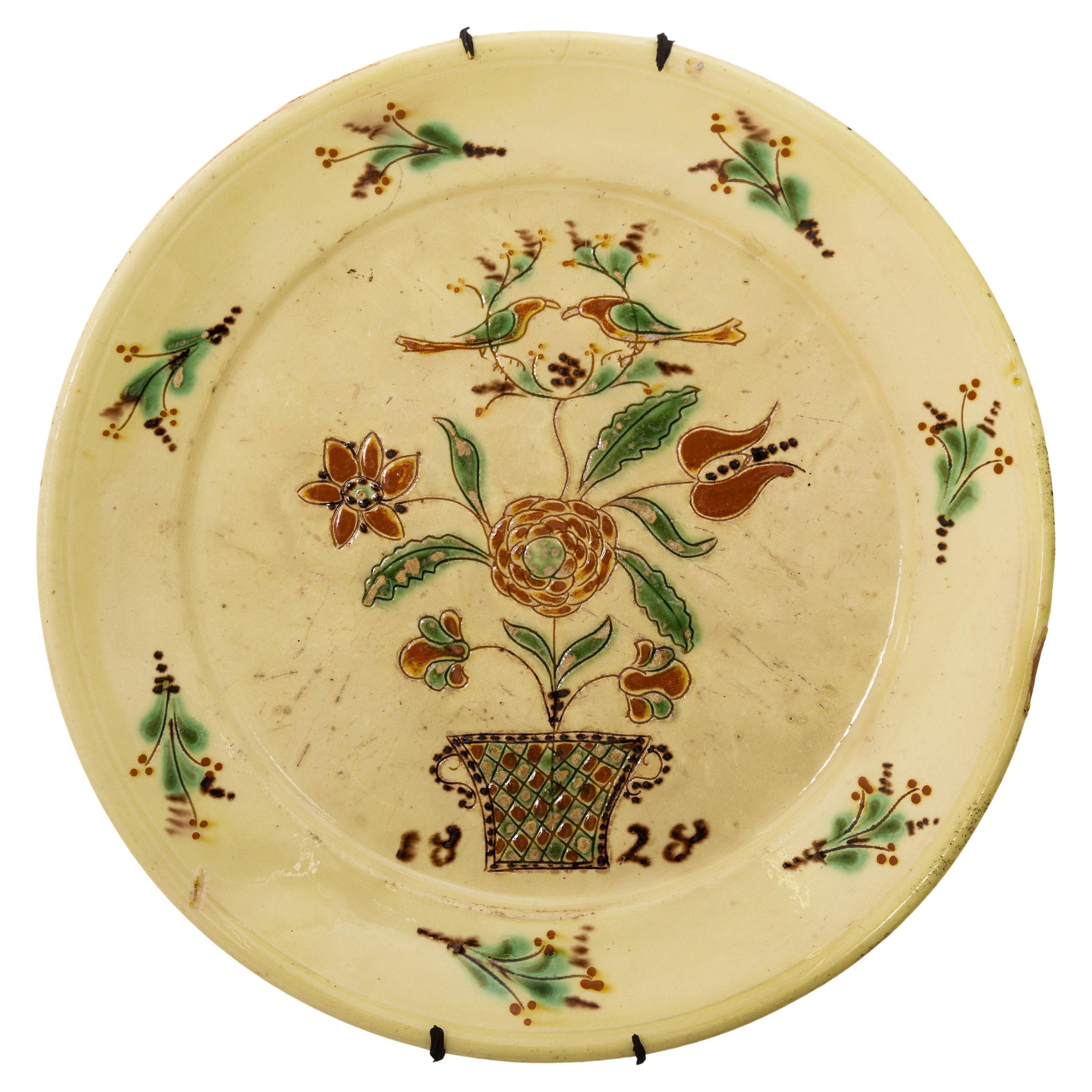 Early 19th-Century French Slipware Sgraffito Marriage Plate, 1828 For Sale