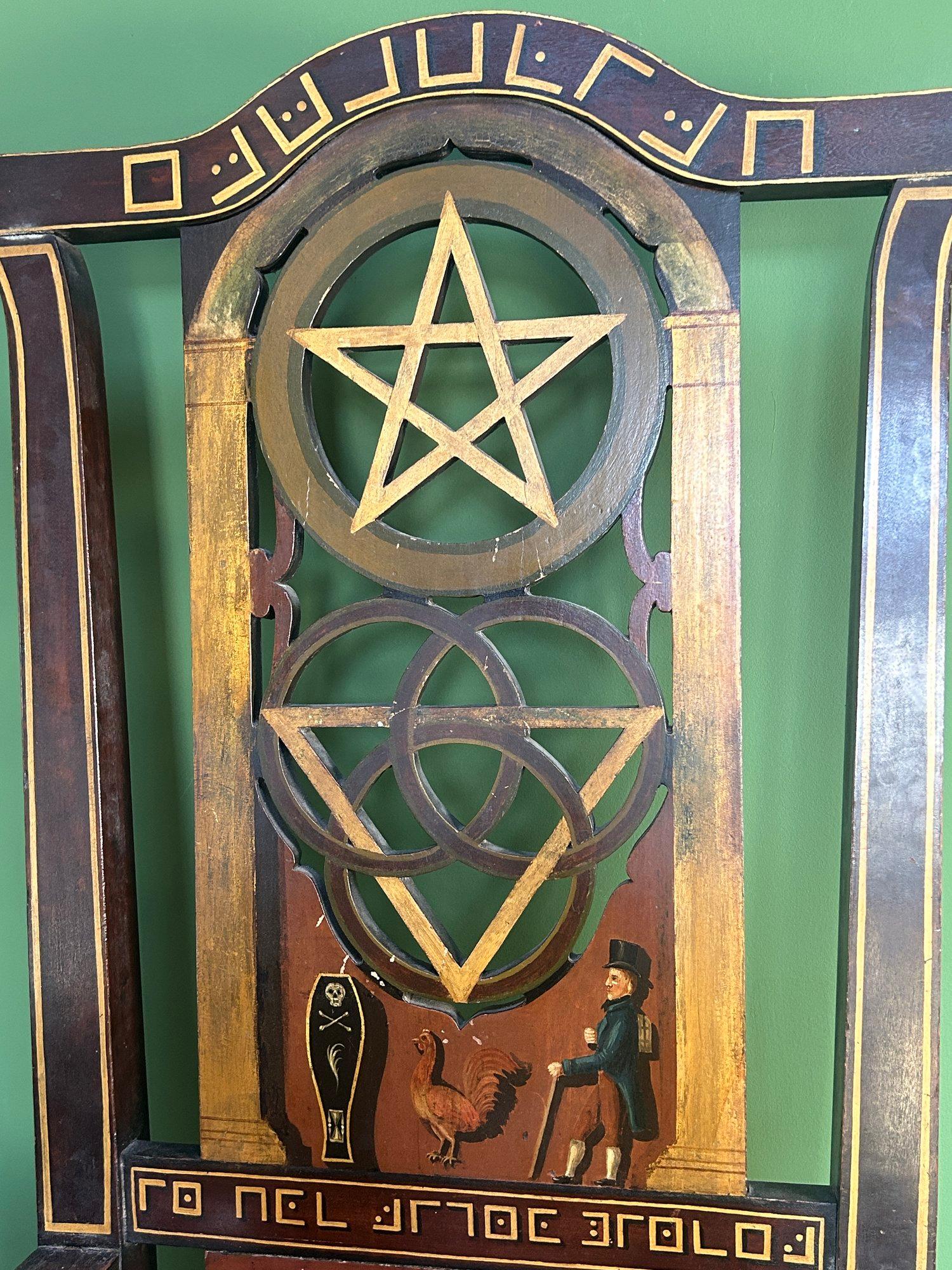 Early 19th Century Masonic Lodge Ceremonial Throne Chair with Magic Symbols For Sale 7