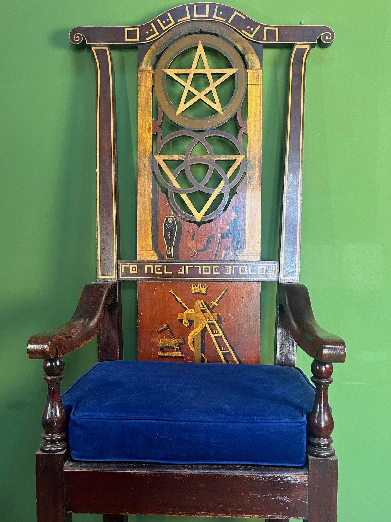 Antique Masonic Chair, Throne Chair, Gothic Chair, Occult Chair, Religious Antique Chair, Masonic Antique.

Early 19th Century Masonic Lodge Ceremonial Throne Chair, with carved & painted magical and occult symbols.

Amazing, unique and very large