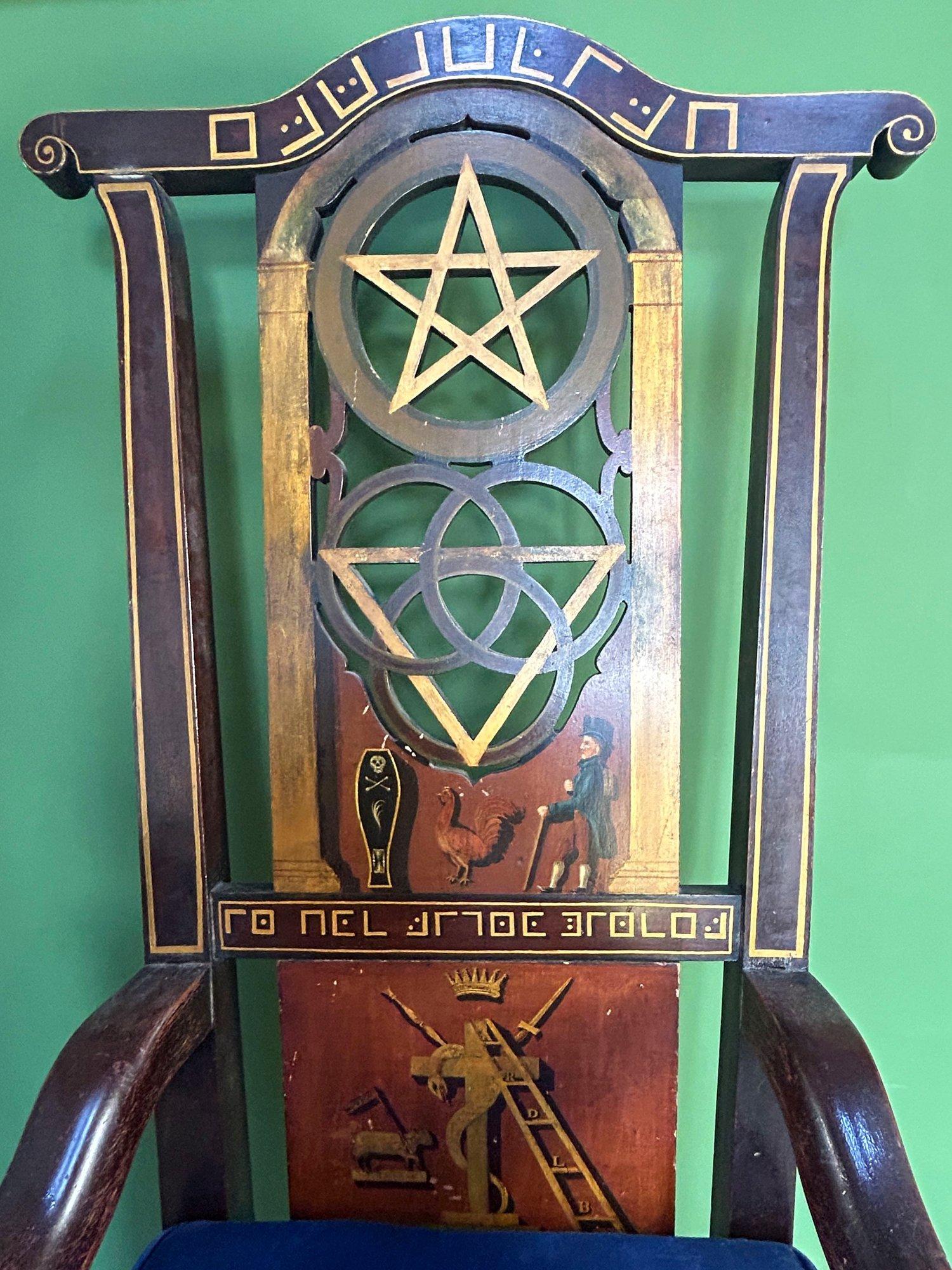 Hand-Carved Early 19th Century Masonic Lodge Ceremonial Throne Chair with Magic Symbols For Sale