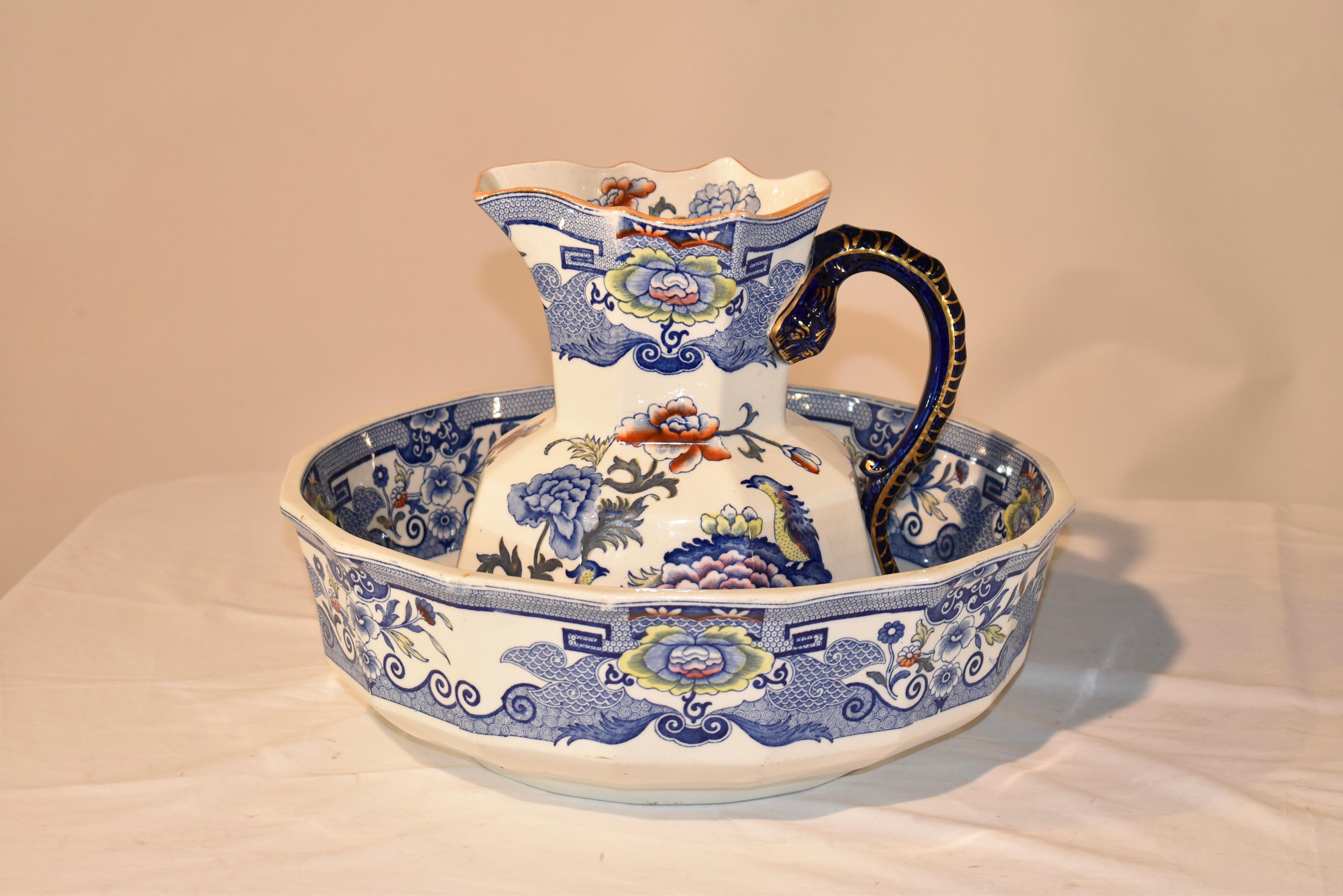 Rare early 19th Century Mason's Ironstone five piece bath set consisting of an oversized highly decorated pitcher and bowl set for holding water and a wash basin, chamber pot, soap dish with original removable strainer dish, and a large waste bucket