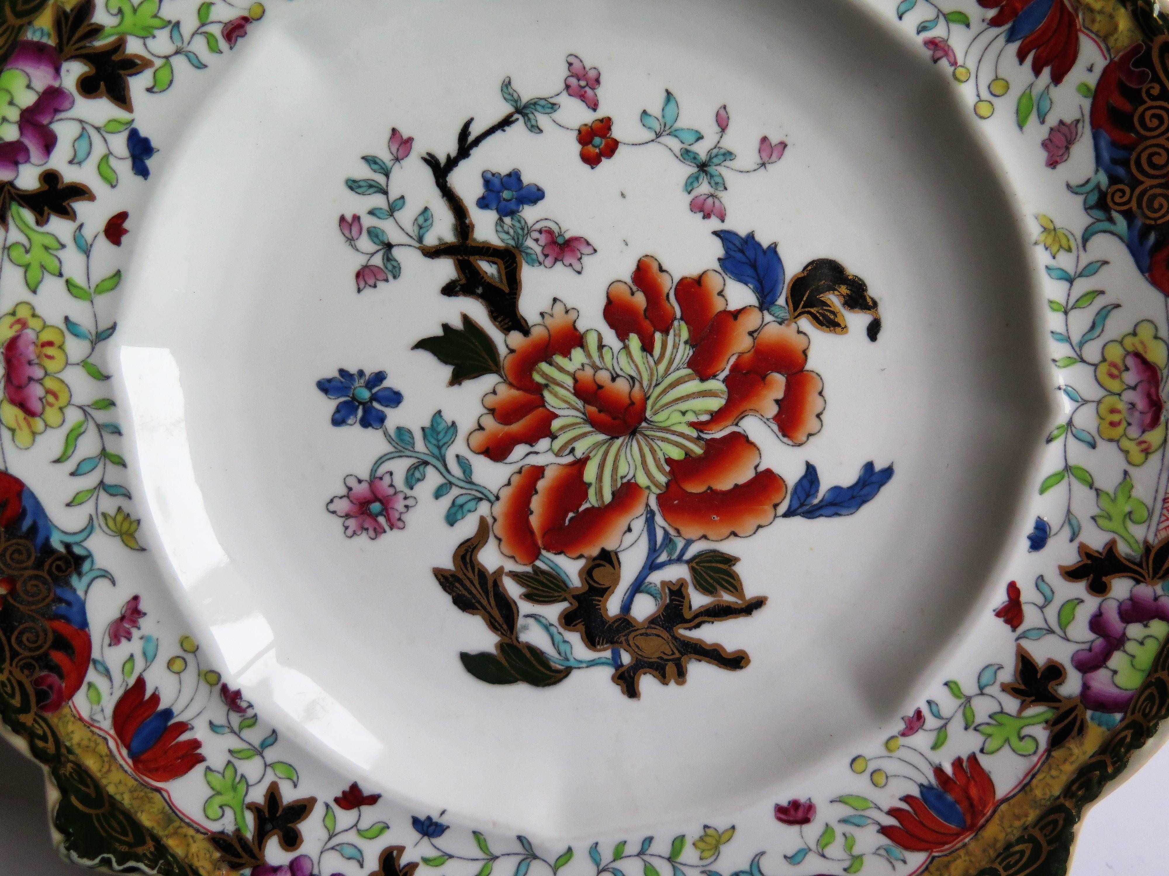 Early 19th Century Masons Ironstone Plate in Ragged Rose Pattern, Rare Shape 3