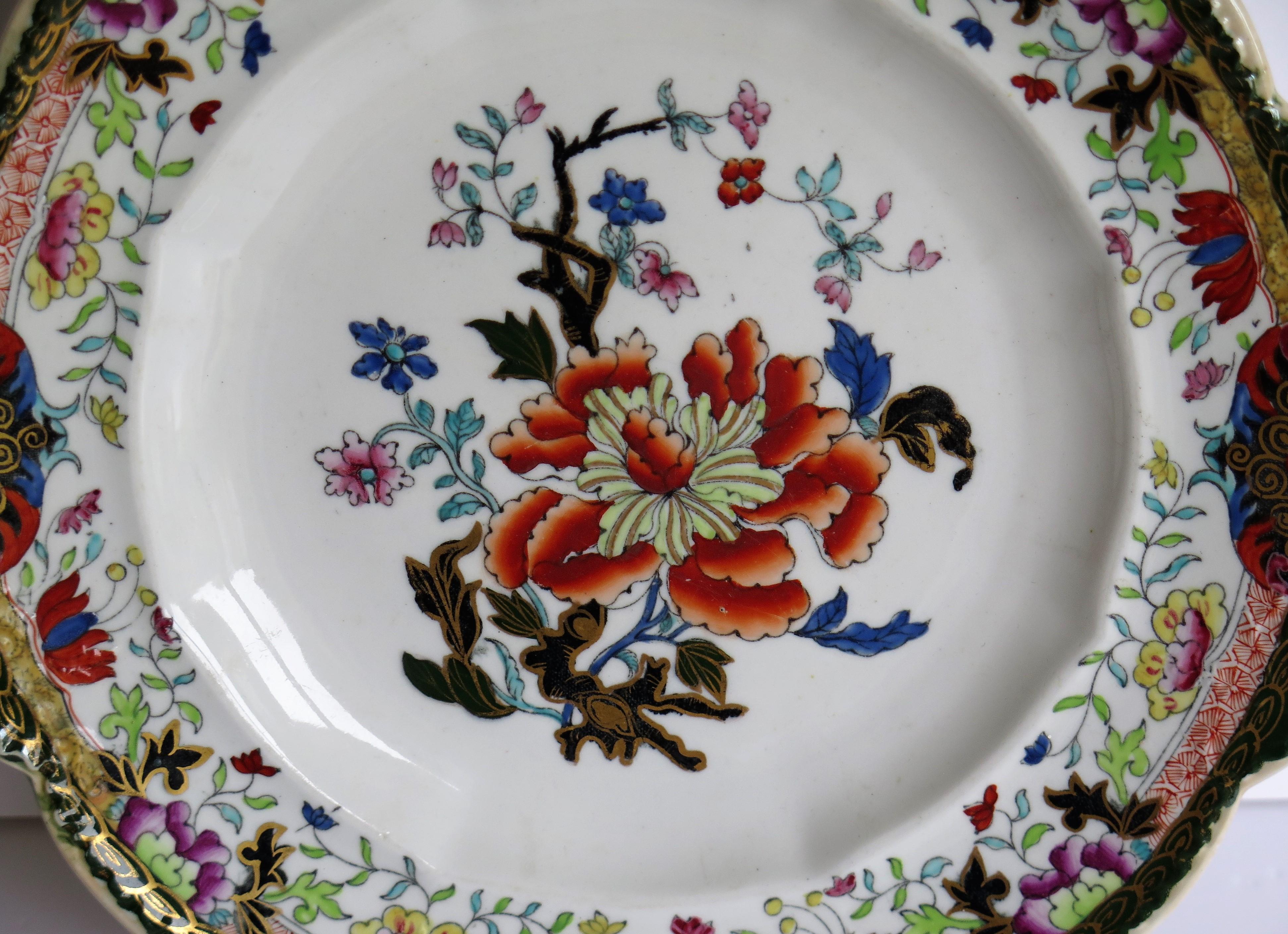 Early 19th Century Masons Ironstone Plate in Ragged Rose Pattern, Rare Shape 4