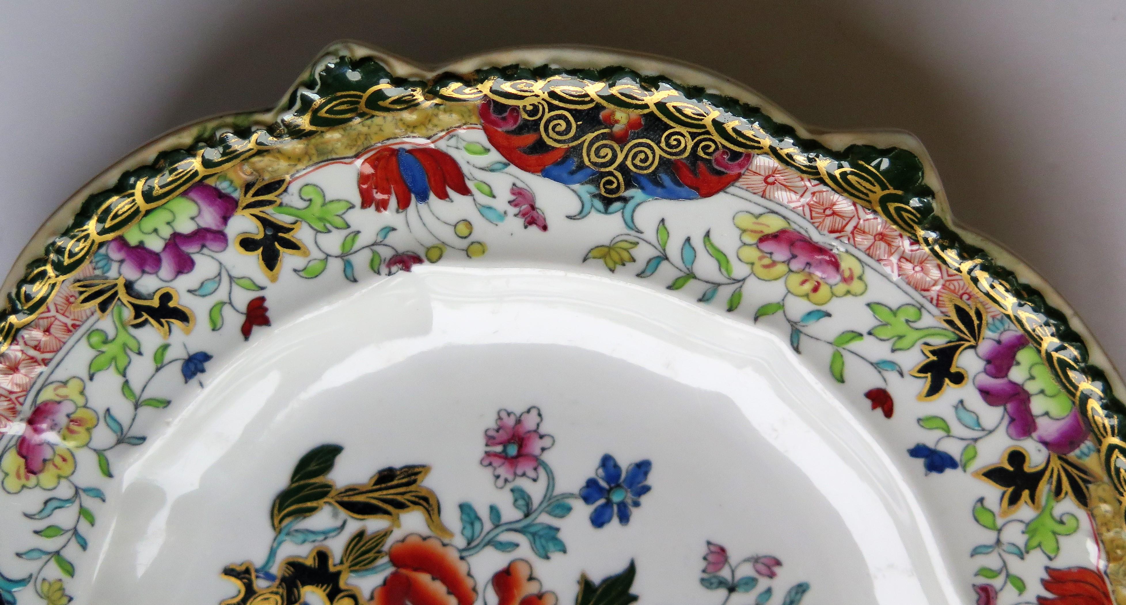 Early 19th Century Masons Ironstone Plate in Ragged Rose Pattern, Rare Shape 6